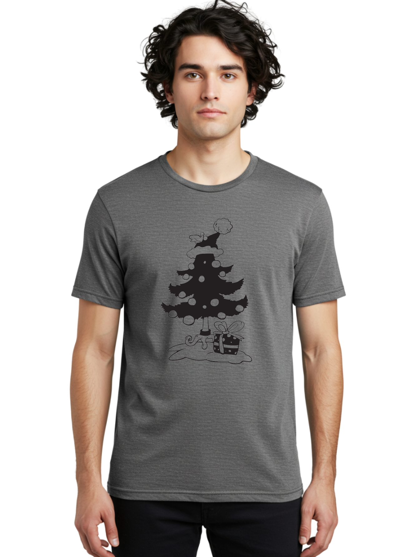 Christmas-Tree-1 Men'S Graphic Tee, 100% Cotton, Comfortable Casual Summer Wear, Machine Washable, Christmas Tree Silhouette, Decorated Tree, Angel On Top, Christmas Ornaments, Gift Box, Ribbon, Festive, Holiday, Christmas Decoration, Aac588