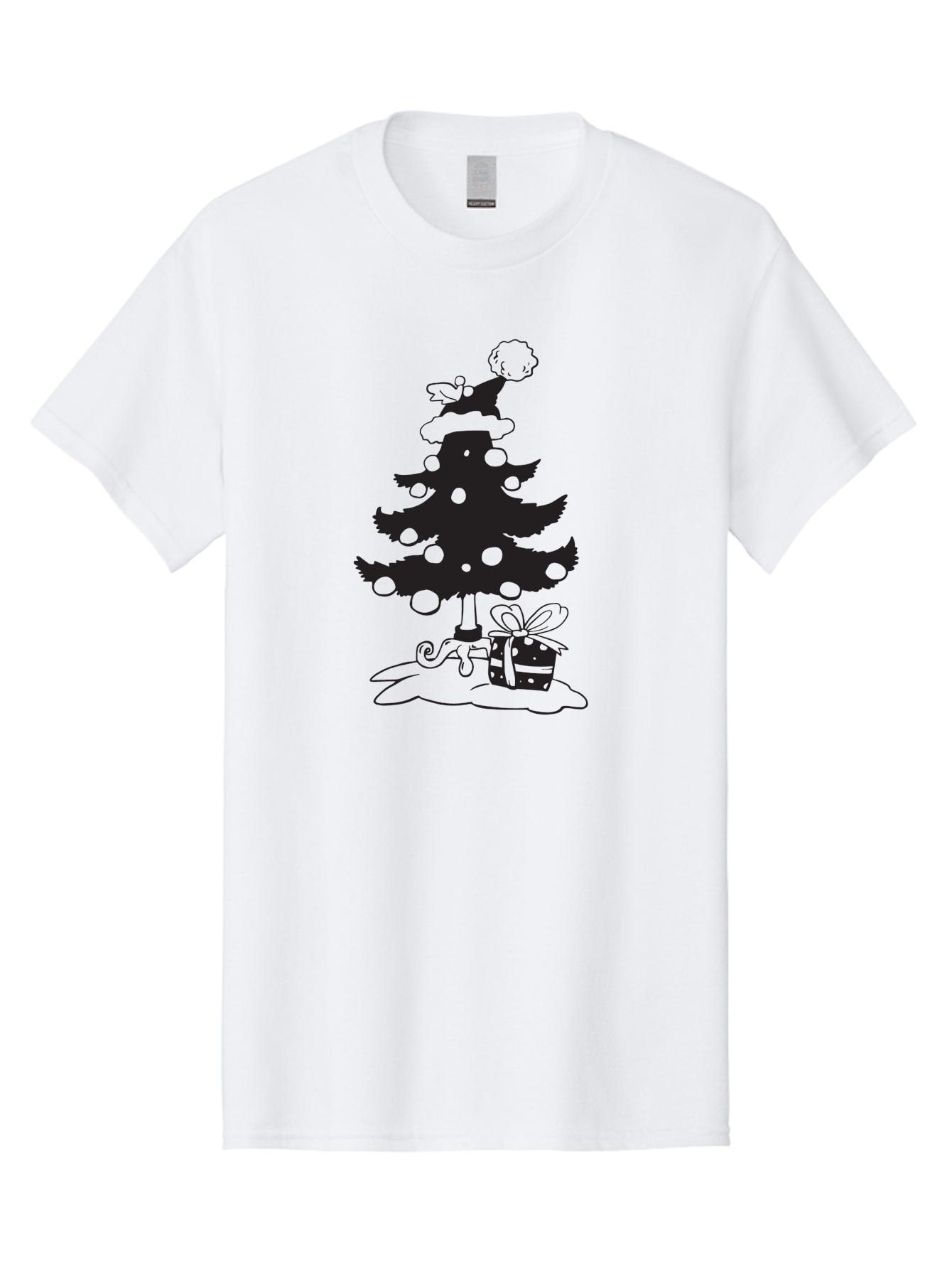 Christmas-Tree-1 Men'S Graphic Tee, 100% Cotton, Comfortable Casual Summer Wear, Machine Washable, Christmas Tree Silhouette, Decorated Tree, Angel On Top, Christmas Ornaments, Gift Box, Ribbon, Festive, Holiday, Christmas Decoration, Aac588