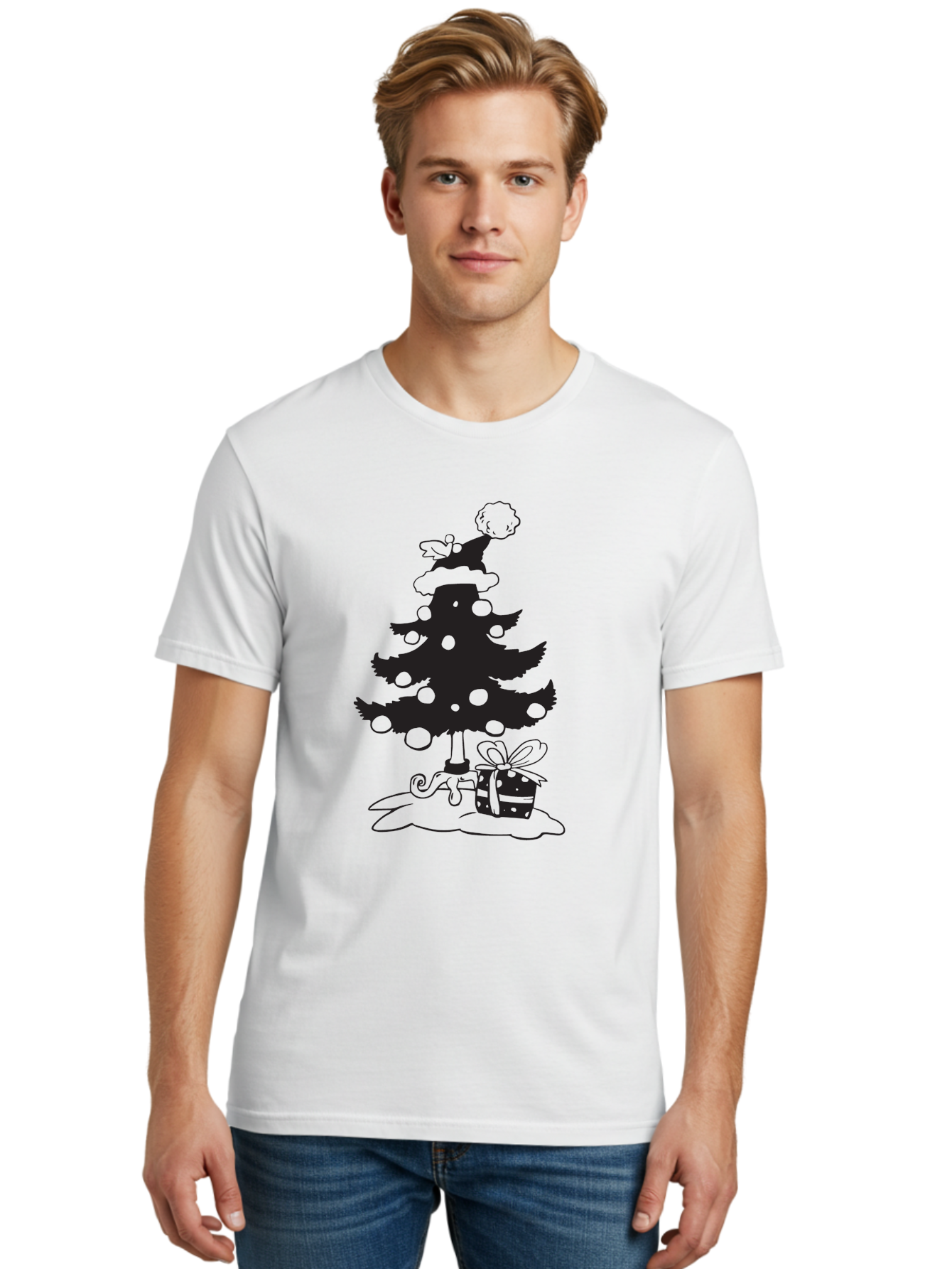 Christmas-Tree-1 Men'S Graphic Tee, 100% Cotton, Comfortable Casual Summer Wear, Machine Washable, Christmas Tree Silhouette, Decorated Tree, Angel On Top, Christmas Ornaments, Gift Box, Ribbon, Festive, Holiday, Christmas Decoration, Aac588