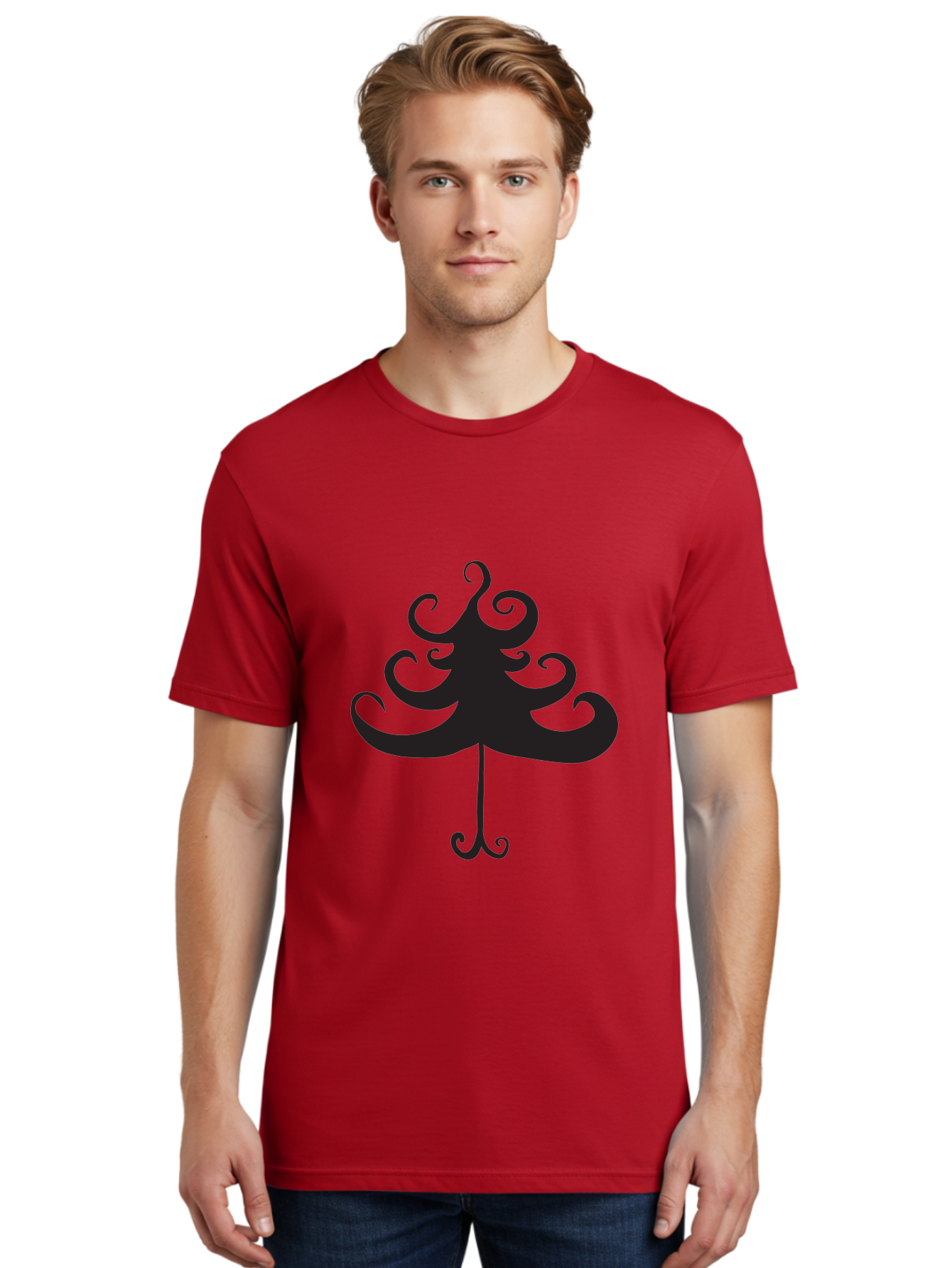 Christmas-Tree-Silhouette Men'S Graphic Tee, 100% Cotton, Comfortable Casual Summer Wear, Machine Washable, Christmas Tree Silhouette, Decorative Christmas Tree, Festive Holiday Symbol, Swirly Christmas Tree Design, Aac593