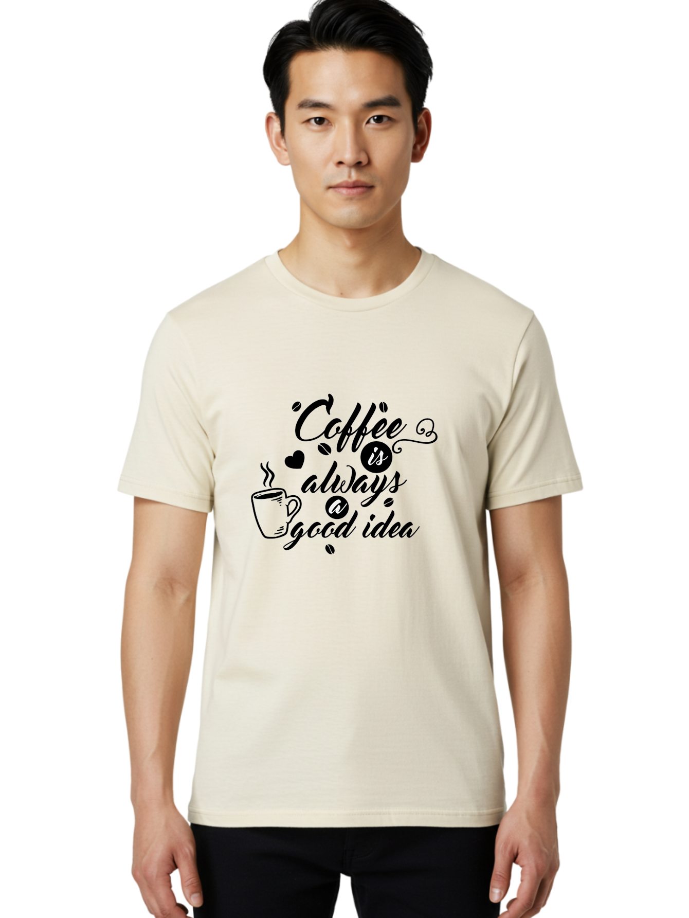 Coffee-Is-Always-Good-Idea Men'S Graphic Tee, 100% Cotton, Comfortable Casual Summer Wear, Machine Washable, Coffee Quote, Coffee Art, Coffee Lover, Steaming Cup, Heart Shape, Coffee Beans, Morning Motivation, Coffee Culture, Aac601