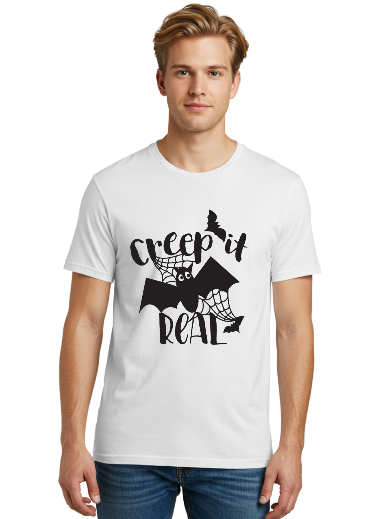 Creep-It-Real Men'S Graphic Tee, 100% Cotton, Comfortable Casual Summer Wear, Machine Washable, Halloween Graphics, Halloween Design, Creepy Bat, Spider Web, Halloween Theme, Spooky Atmosphere, Halloween Decoration, Creepy Eyes Aac614