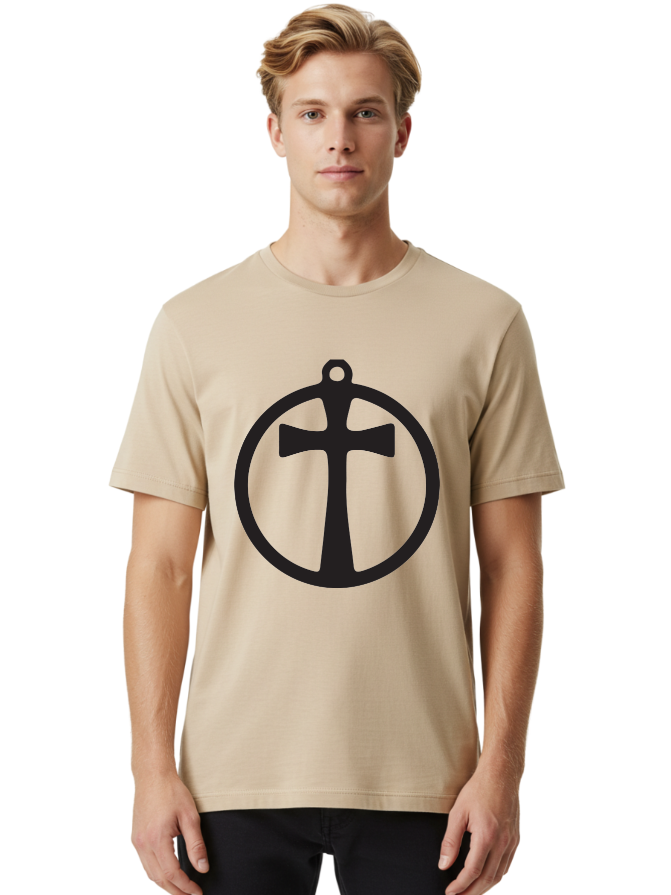 Cross-In-Circle Men'S Graphic Tee, 100% Cotton, Comfortable Casual Summer Wear, Machine Washable, Cross In Circle, Pendant Design, Christian Symbol, Faith Jewelry, Minimalist Pendant, Simple Cross Design, Religious Icon Aac615