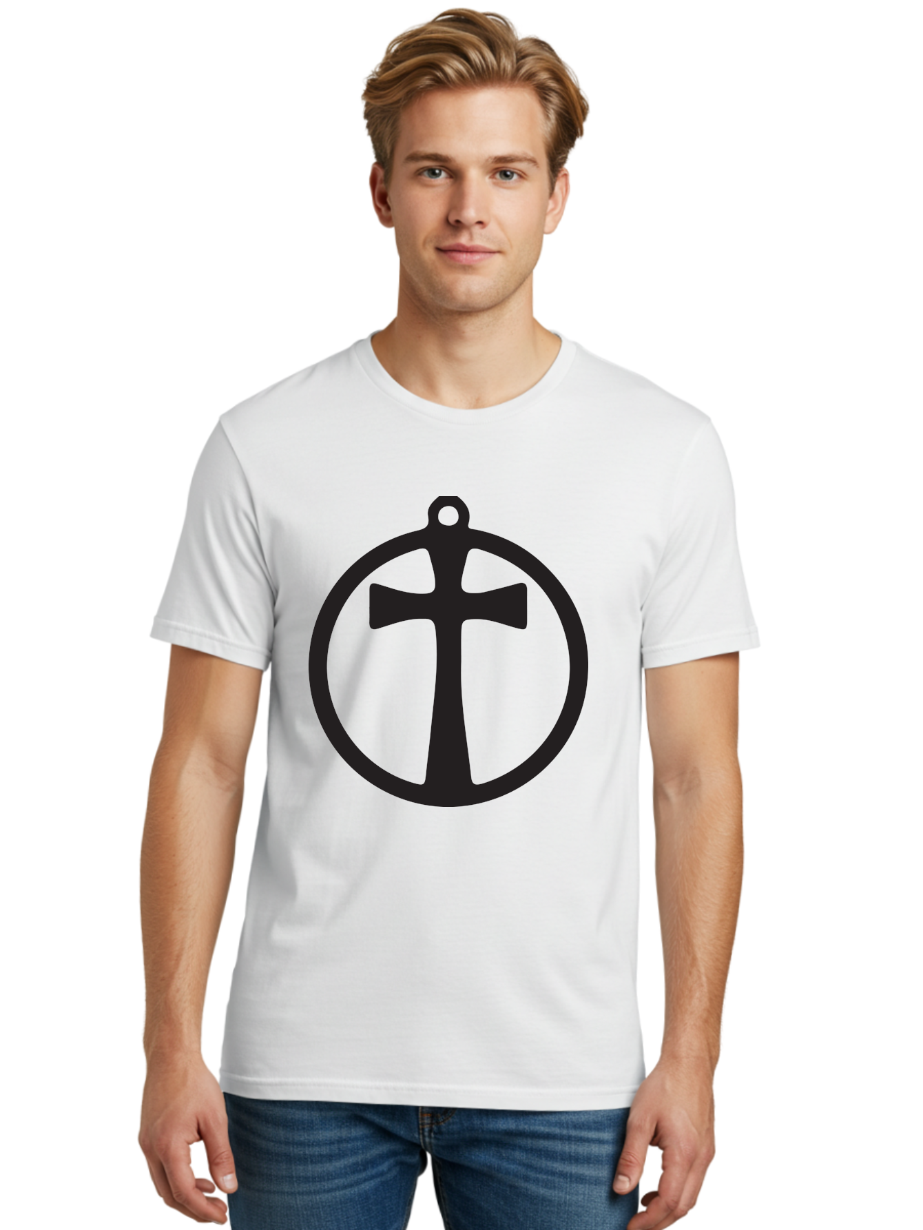 Cross-In-Circle Men'S Graphic Tee, 100% Cotton, Comfortable Casual Summer Wear, Machine Washable, Cross In Circle, Pendant Design, Christian Symbol, Faith Jewelry, Minimalist Pendant, Simple Cross Design, Religious Icon Aac615