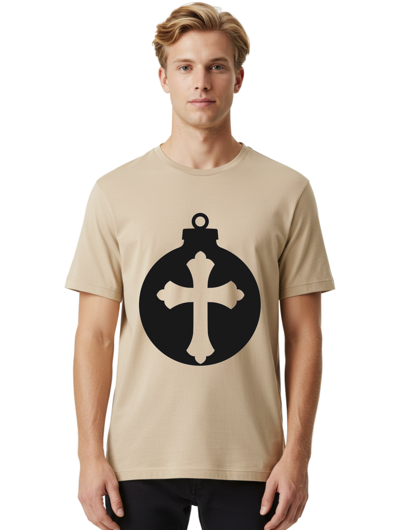Cross-Ornament Men'S Graphic Tee, 100% Cotton, Comfortable Casual Summer Wear, Machine Washable, Christian Ornament, Cross Decoration, Holiday Symbol, Christmas Decoration, Faith Representation, Religious Icon, Symbolic Ornament Aac616