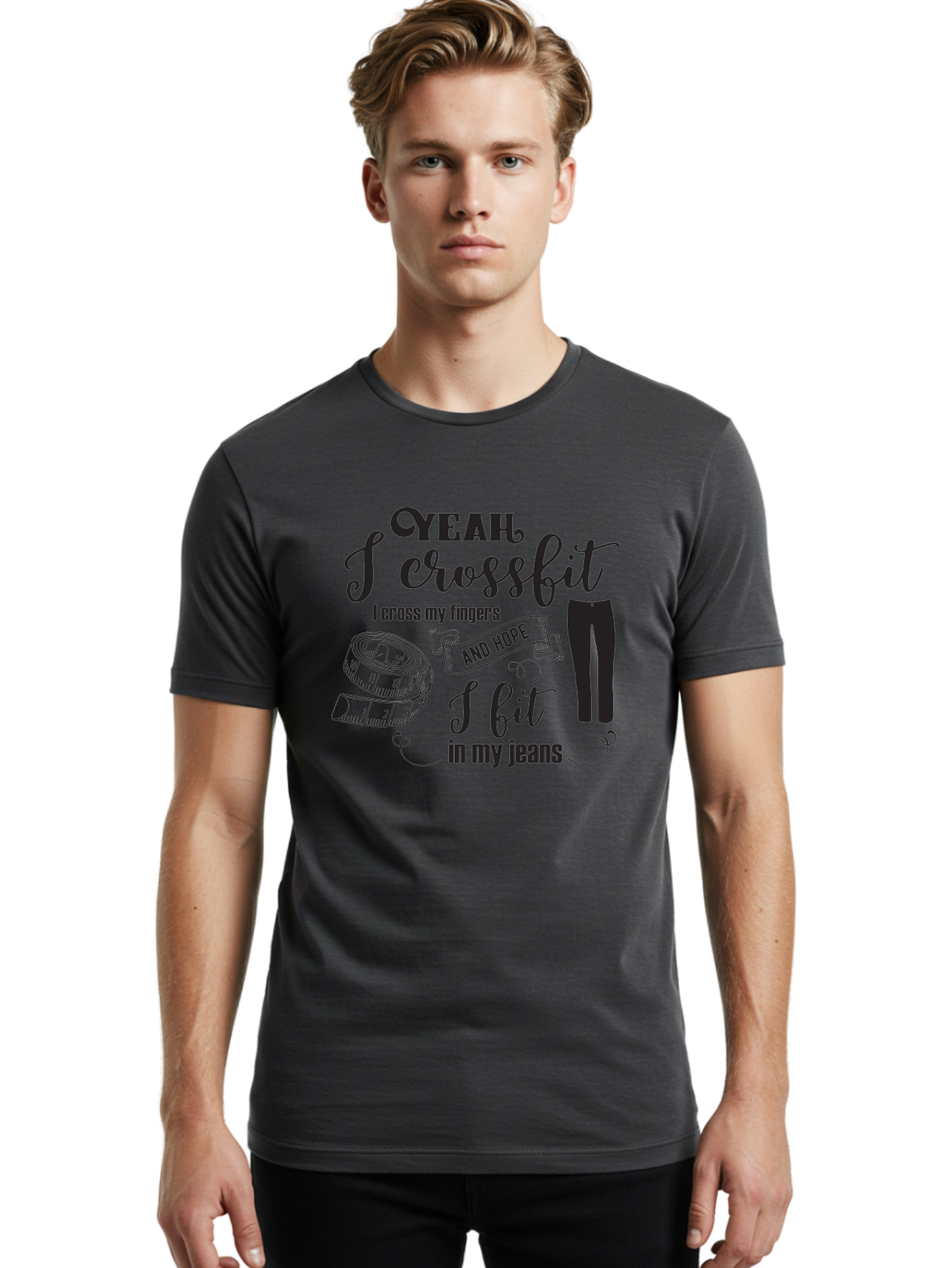 Crossfit-Jeans Men'S Graphic Tee, 100% Cotton, Comfortable Casual Summer Wear, Machine Washable, Crossfit Quote, Fitness Motivation, Weight Loss, Jeans, Measuring Tape, Funny Workout Saying, Gym Humor, Fitness Goals, Workout Inspiration Aac618