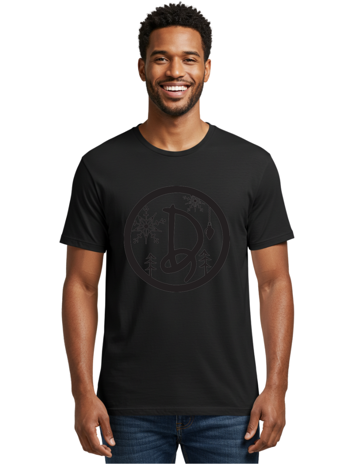 D Men'S Graphic Tee, 100% Cotton, Comfortable Casual Summer Wear, Machine Washable, Christmas Symbol, Letter D, Snowflakes, Pine Trees, Hanging Ornament, Festive Decorations, Winter Wonderland, Holiday Graphics, Christmas Theme Aac621