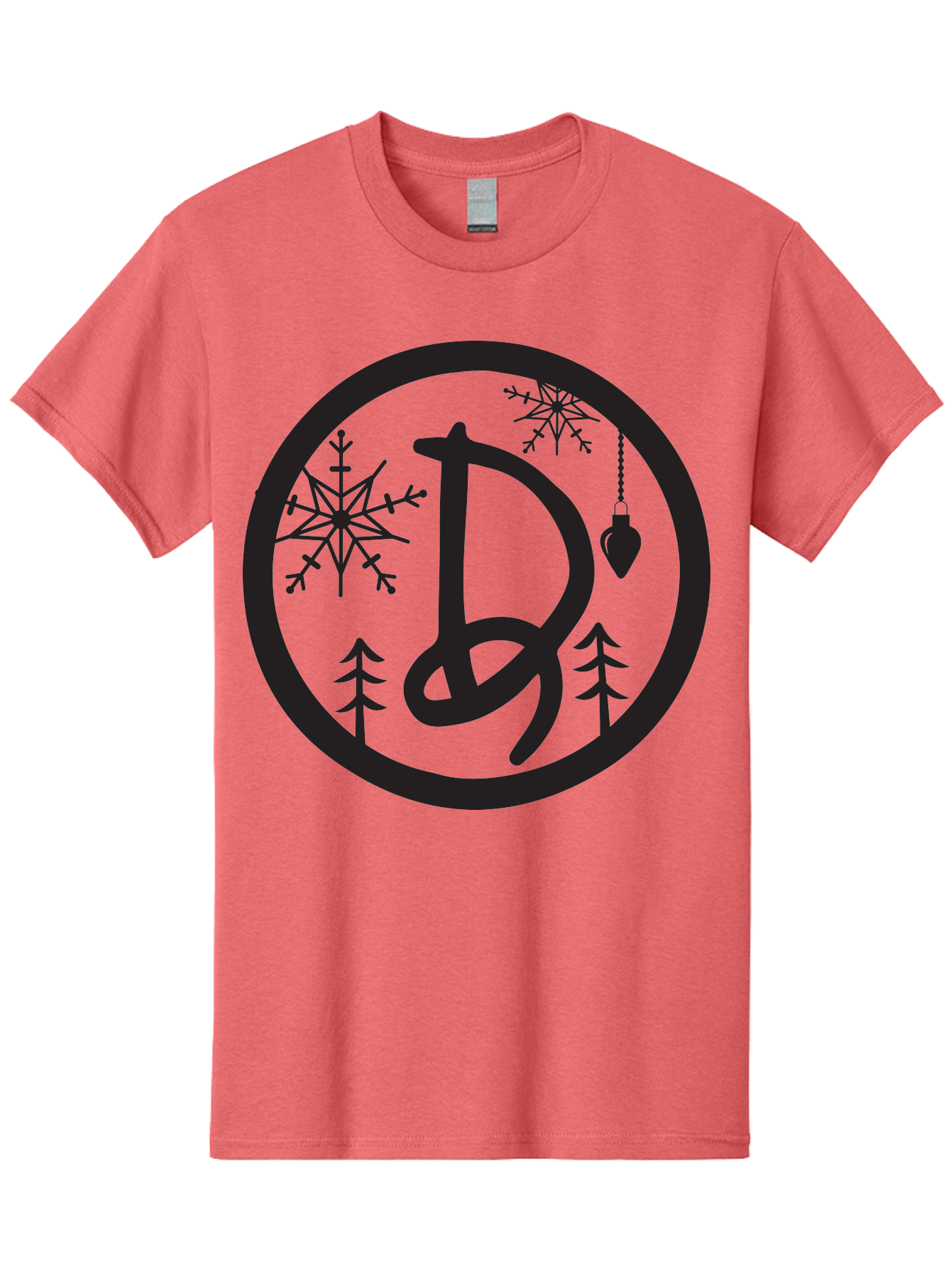 D Men'S Graphic Tee, 100% Cotton, Comfortable Casual Summer Wear, Machine Washable, Christmas Symbol, Letter D, Snowflakes, Pine Trees, Hanging Ornament, Festive Decorations, Winter Wonderland, Holiday Graphics, Christmas Theme Aac621