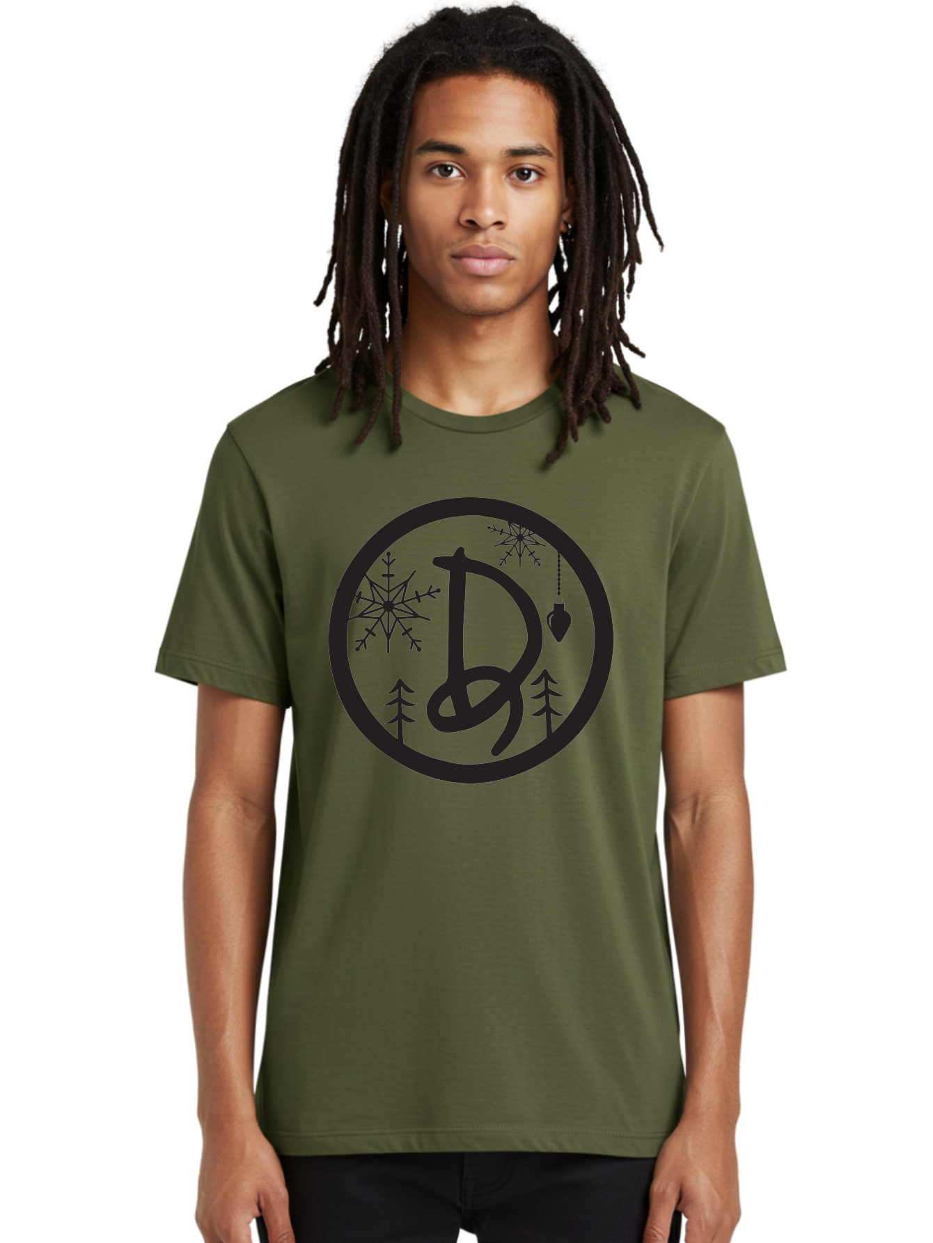 D Men'S Graphic Tee, 100% Cotton, Comfortable Casual Summer Wear, Machine Washable, Christmas Symbol, Letter D, Snowflakes, Pine Trees, Hanging Ornament, Festive Decorations, Winter Wonderland, Holiday Graphics, Christmas Theme Aac621