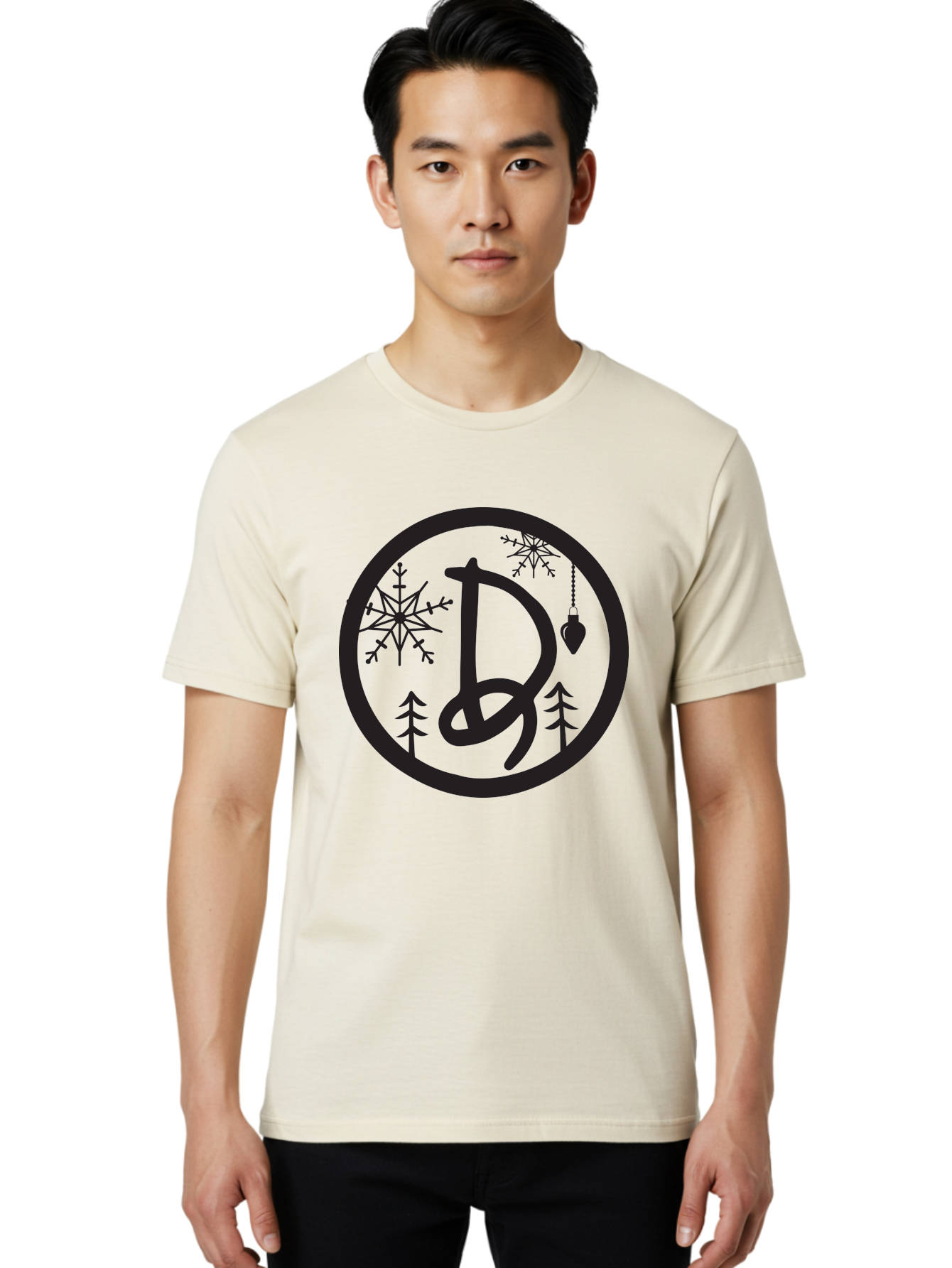 D Men'S Graphic Tee, 100% Cotton, Comfortable Casual Summer Wear, Machine Washable, Christmas Symbol, Letter D, Snowflakes, Pine Trees, Hanging Ornament, Festive Decorations, Winter Wonderland, Holiday Graphics, Christmas Theme Aac621