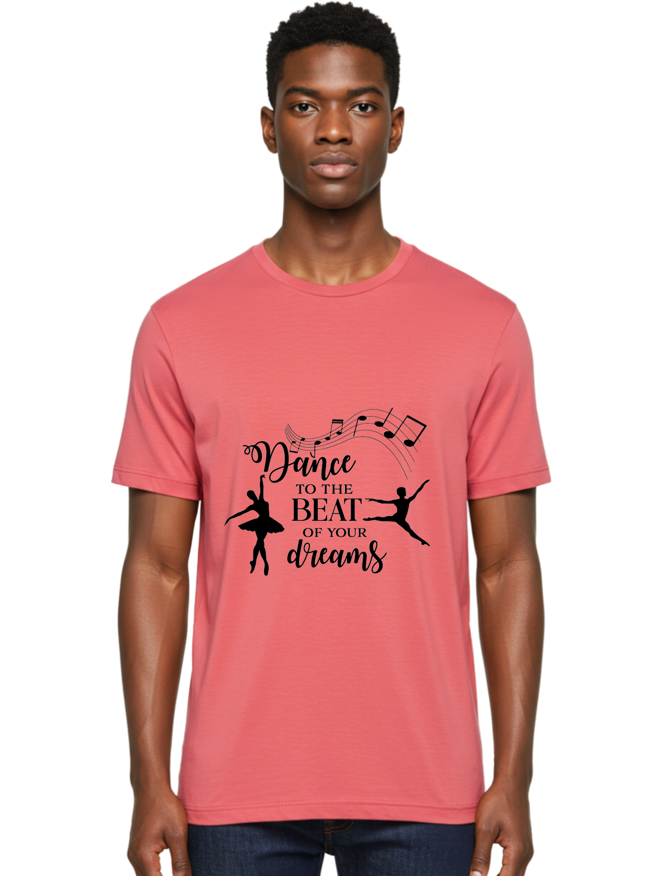 Dance-To-The-Beat-Of-Your-Dreams Men'S Graphic Tee, 100% Cotton, Comfortable Casual Summer Wear, Machine Washable, Dance Inspiration, Motivational Quote, Ballet Dancers, Rhythmic Movement, Dancing Silhouettes, Music Notes, Inspirational Words, Aac624