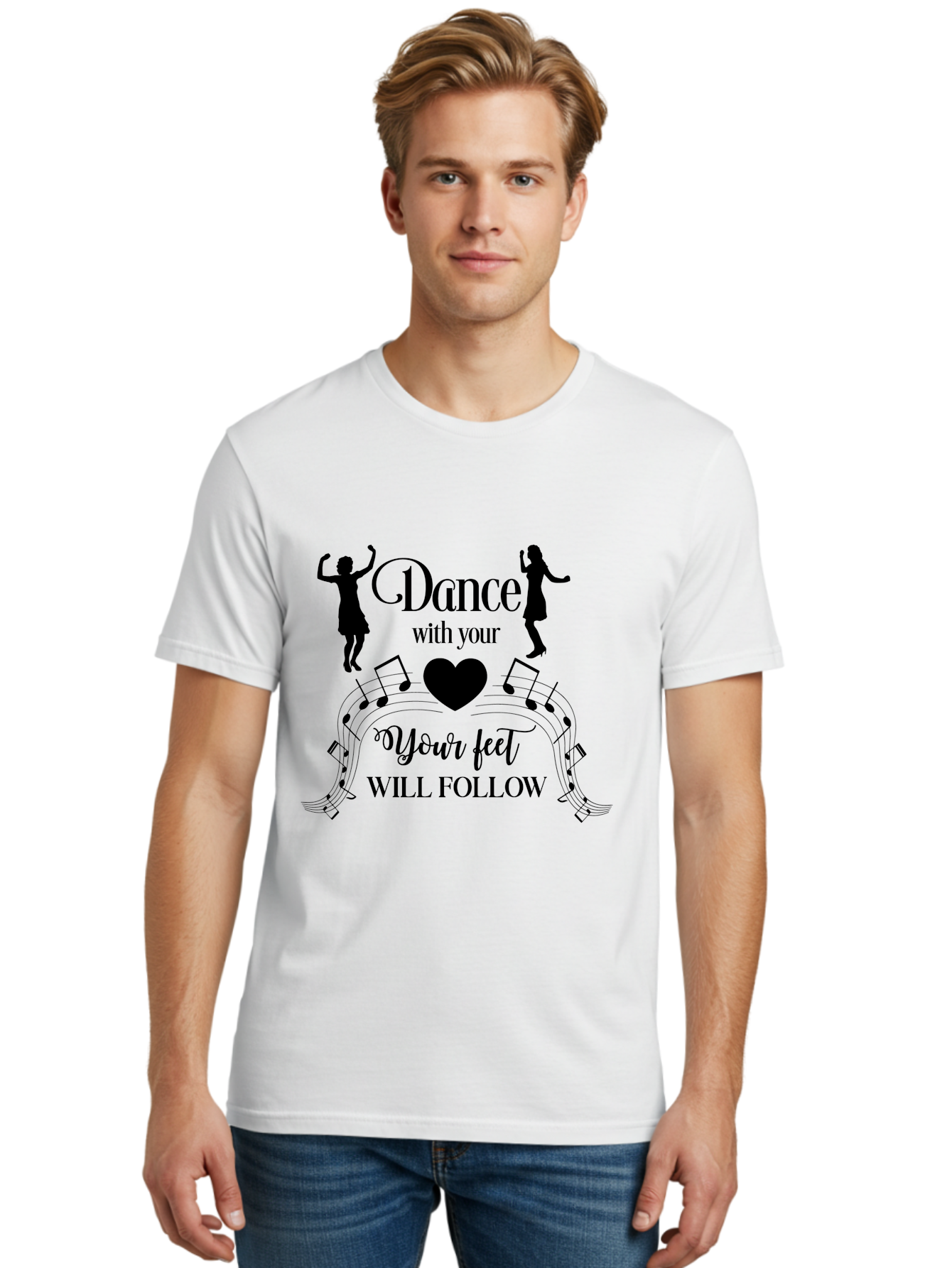 Dance-With-Your Men'S Graphic Tee, 100% Cotton, Comfortable Casual Summer Wear, Machine Washable, Dance Silhouettes, Dancing With Heart, Motivational Quote, Dance With Your Heart, Your Feet Will Follow, Musical Notes, Dancing Figures, Aac625