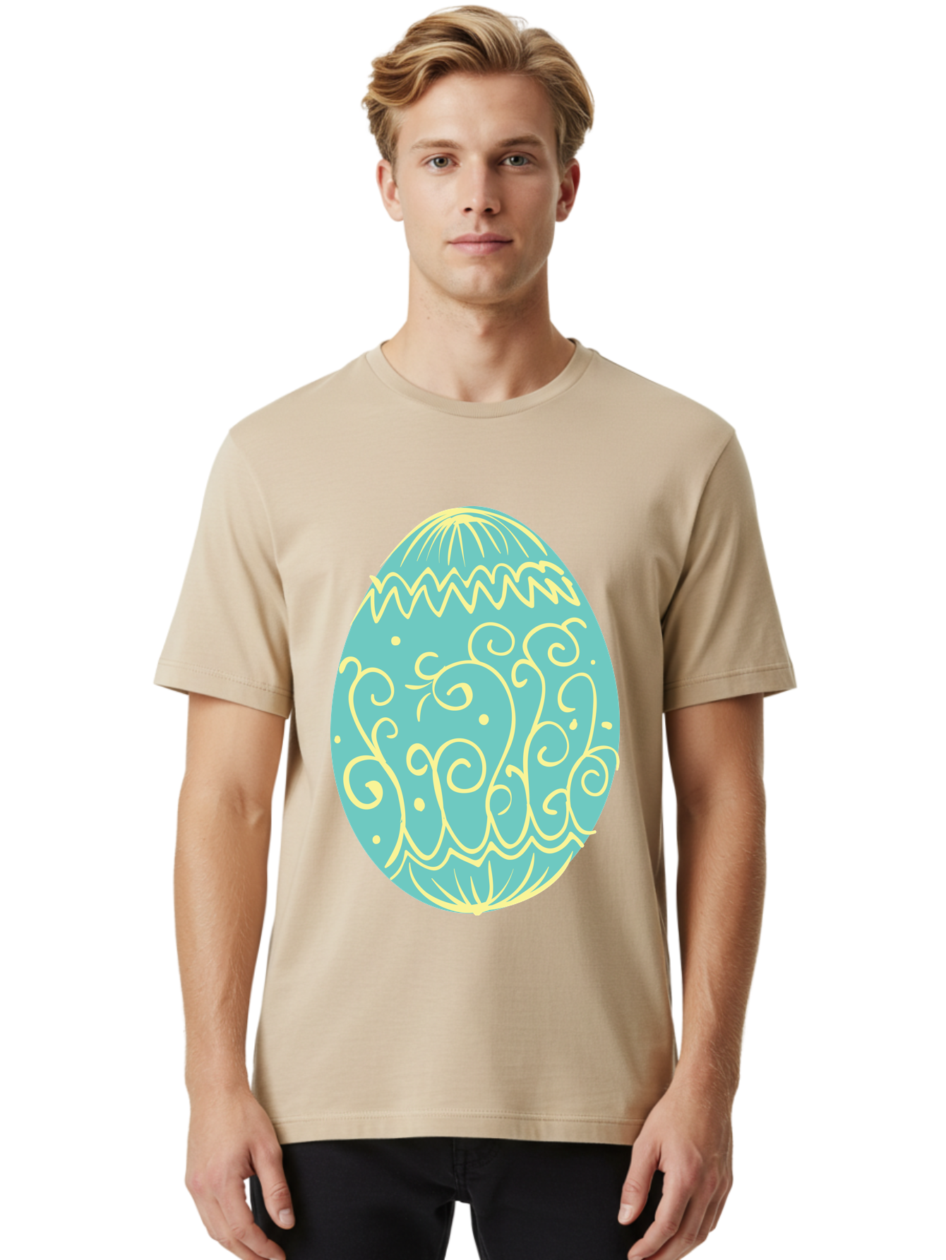 Decorated-Easter-Egg-1 Men'S Graphic Tee, 100% Cotton, Comfortable Casual Summer Wear, Machine Washable, Decorative Easter Egg, Yellow Swirls, Blue Egg, Festive Design, Spring Theme, Easter Symbol, Intricate Patterns, Abstract Art, Aac632