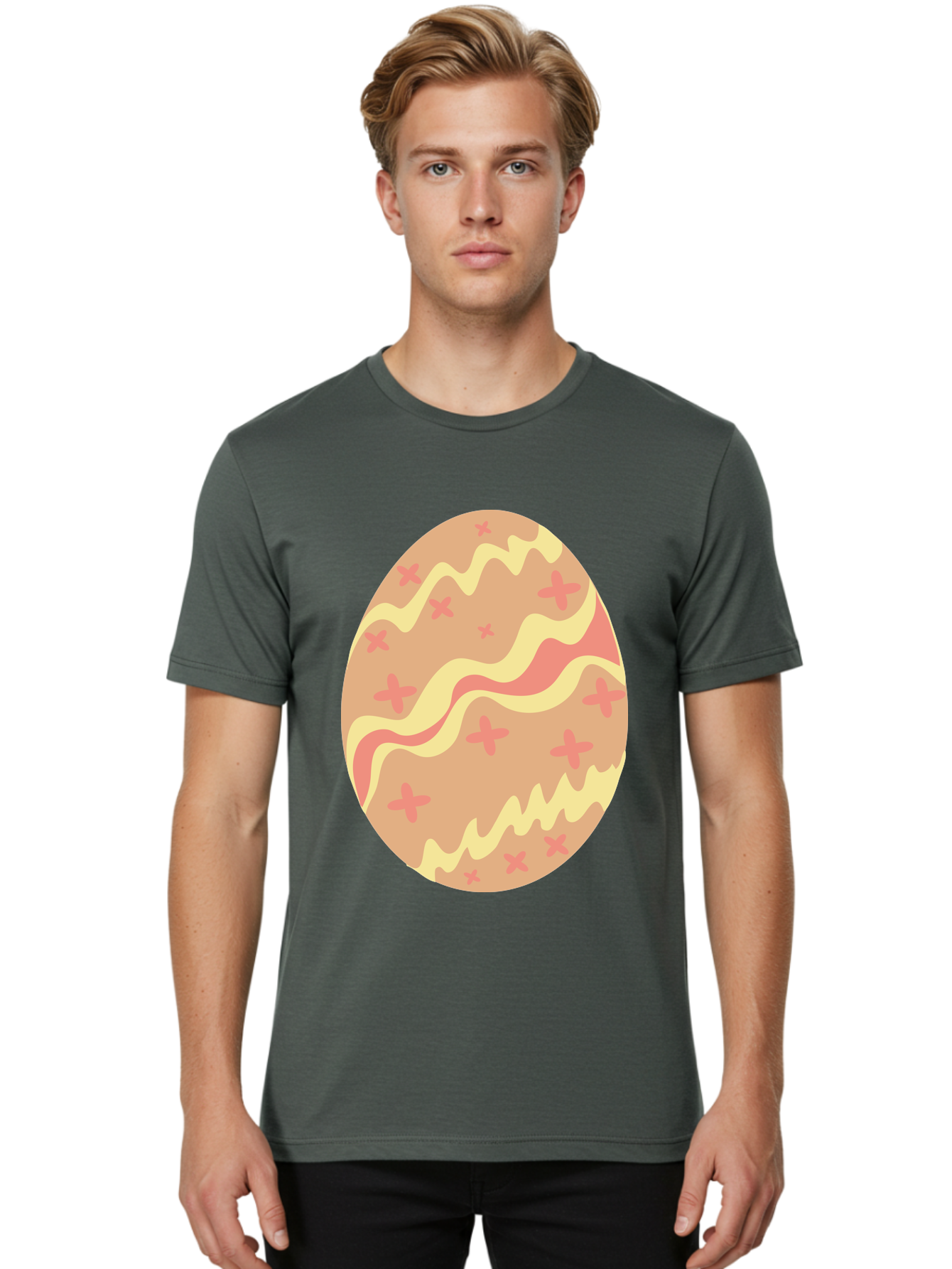 Decorated-Easter-Egg Men'S Graphic Tee, 100% Cotton, Comfortable Casual Summer Wear, Machine Washable, Easter Egg, Decorated Egg, Pastel Colors, Pink And Yellow Design, Cross Patterns, Wavy Lines, Spring Theme, Easter Decoration, Festive Egg Aac634
