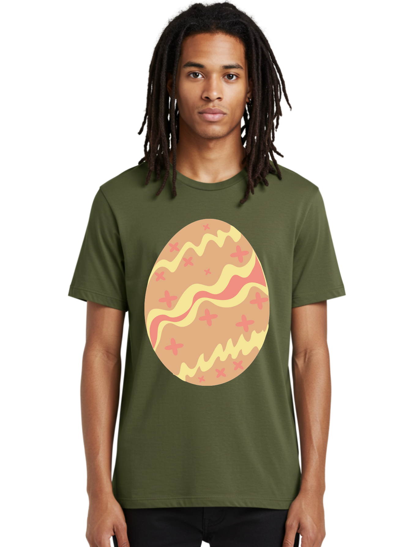 Decorated-Easter-Egg Men'S Graphic Tee, 100% Cotton, Comfortable Casual Summer Wear, Machine Washable, Easter Egg, Decorated Egg, Pastel Colors, Pink And Yellow Design, Cross Patterns, Wavy Lines, Spring Theme, Easter Decoration, Festive Egg Aac634