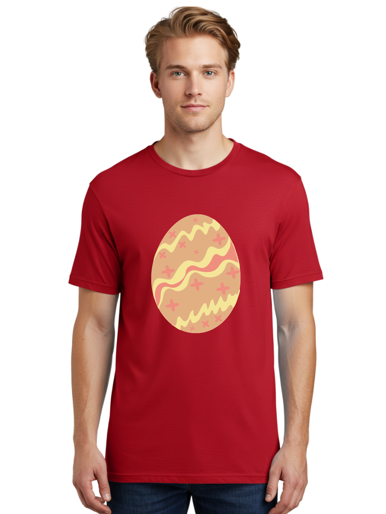 Decorated-Easter-Egg Men'S Graphic Tee, 100% Cotton, Comfortable Casual Summer Wear, Machine Washable, Easter Egg, Decorated Egg, Pastel Colors, Pink And Yellow Design, Cross Patterns, Wavy Lines, Spring Theme, Easter Decoration, Festive Egg Aac634