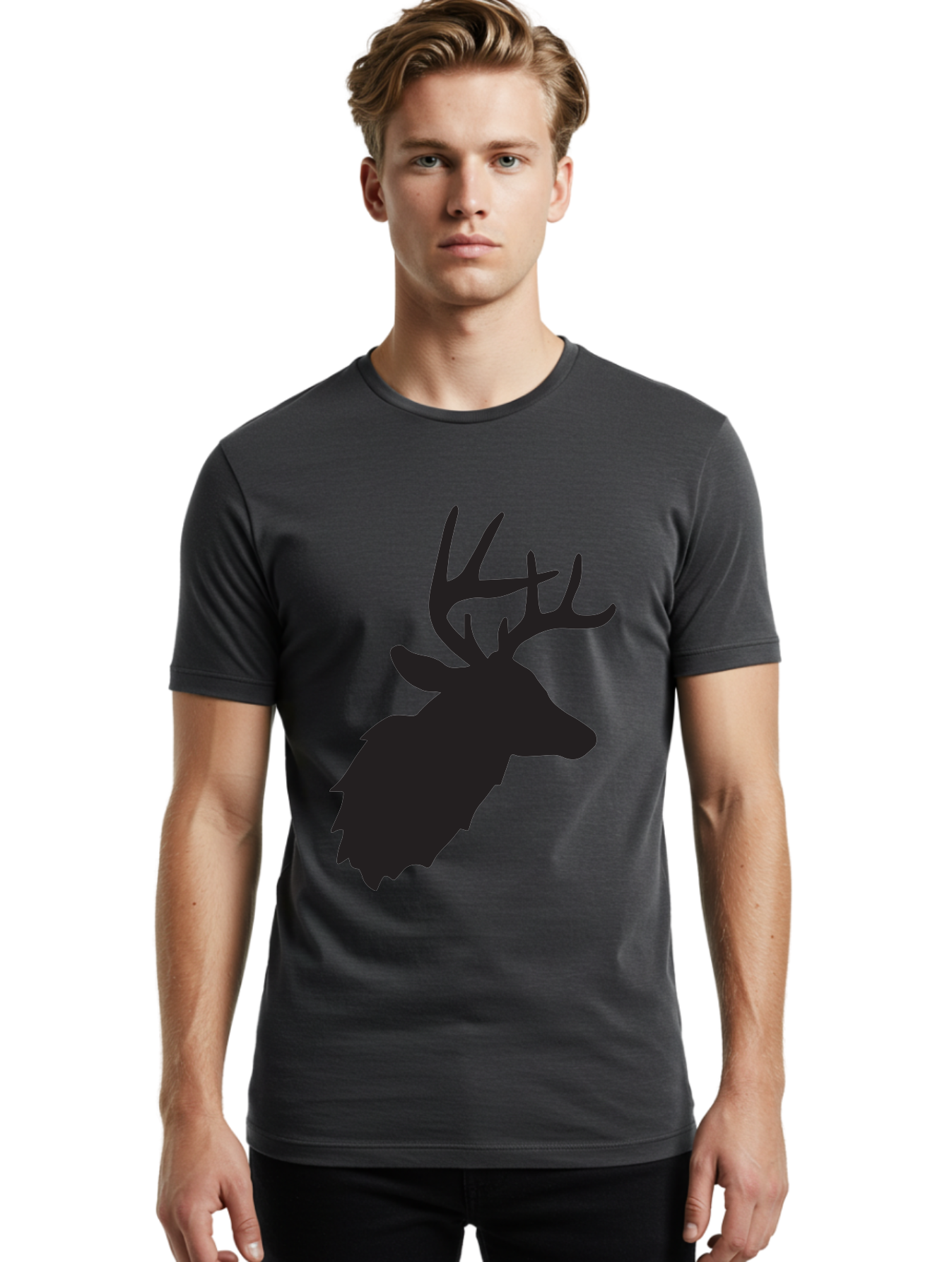 Deer-Head-Silhouette Men'S Graphic Tee, 100% Cotton, Comfortable Casual Summer Wear, Machine Washable, Elk Silhouette, Wildlife Art, Majestic Animal, Forest Creature, Hunting Symbol, Nature Icon, Graphic Design, Simple Illustration, Aac641