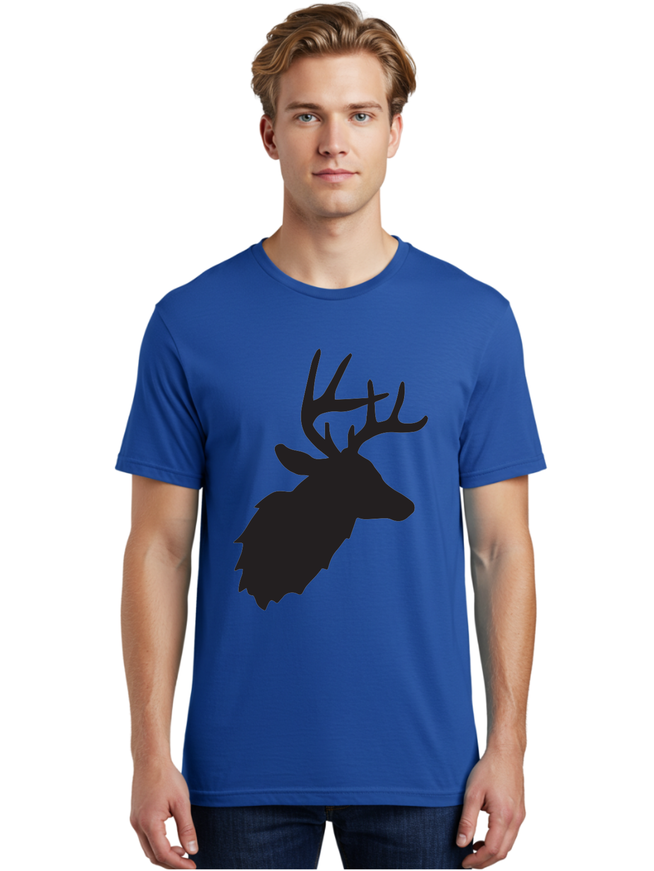 Deer-Head-Silhouette Men'S Graphic Tee, 100% Cotton, Comfortable Casual Summer Wear, Machine Washable, Elk Silhouette, Wildlife Art, Majestic Animal, Forest Creature, Hunting Symbol, Nature Icon, Graphic Design, Simple Illustration, Aac641