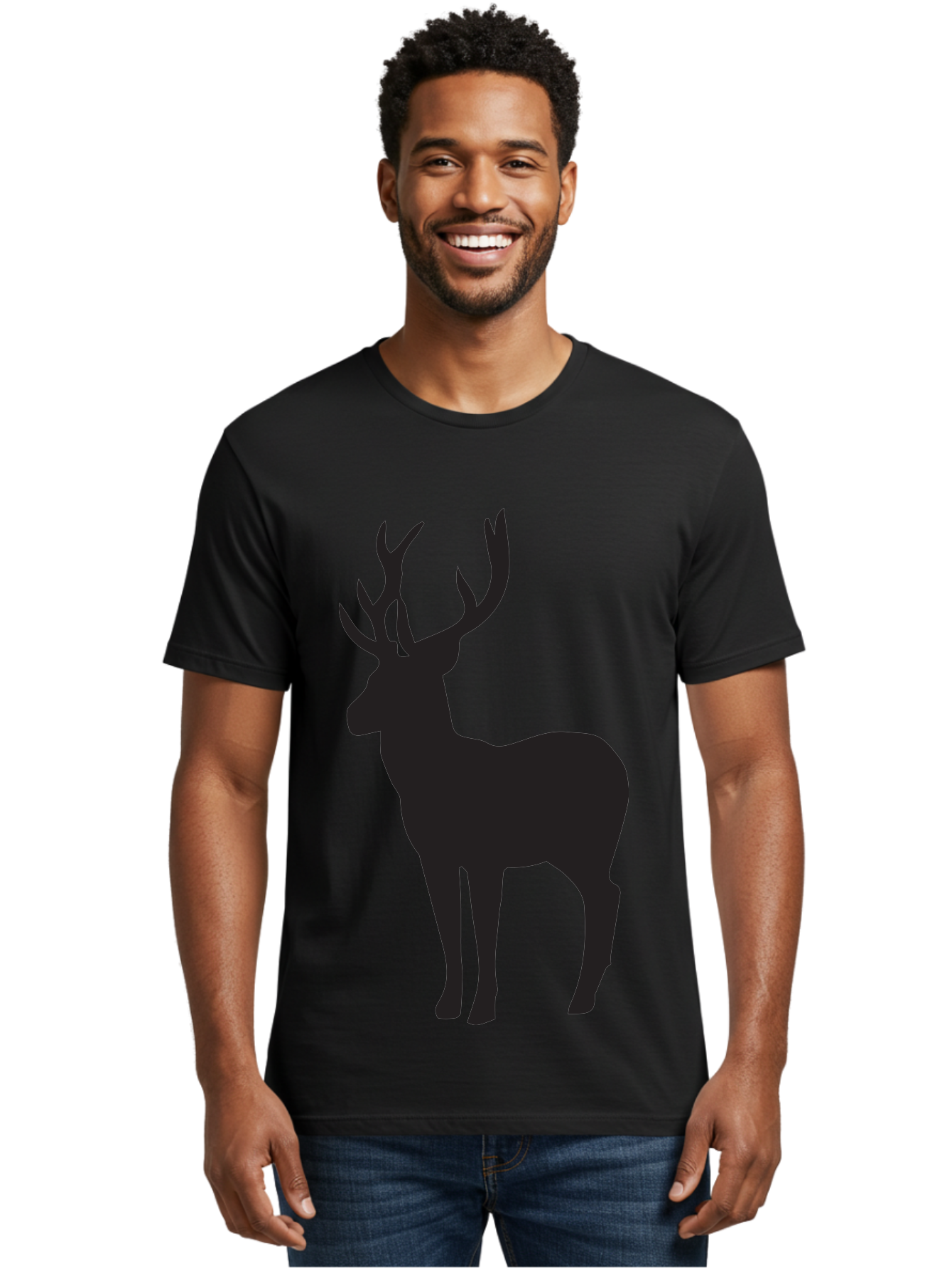 Deer-Silhouette-2 Men'S Graphic Tee, 100% Cotton, Comfortable Casual Summer Wear, Machine Washable, Deer Silhouette, Stag Illustration, Antlered Animal, Wildlife Graphic, Majestic Deer, Forest Creature, Simple Design, Minimalist Art, Aac643
