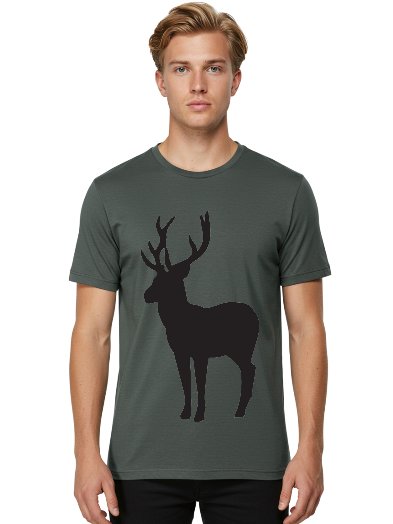 Deer-Silhouette-2 Men'S Graphic Tee, 100% Cotton, Comfortable Casual Summer Wear, Machine Washable, Deer Silhouette, Stag Illustration, Antlered Animal, Wildlife Graphic, Majestic Deer, Forest Creature, Simple Design, Minimalist Art, Aac643
