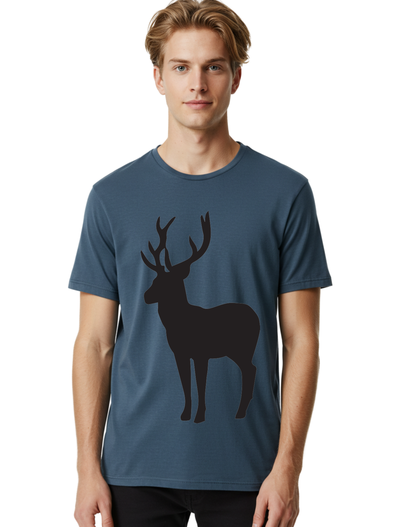 Deer-Silhouette-2 Men'S Graphic Tee, 100% Cotton, Comfortable Casual Summer Wear, Machine Washable, Deer Silhouette, Stag Illustration, Antlered Animal, Wildlife Graphic, Majestic Deer, Forest Creature, Simple Design, Minimalist Art, Aac643