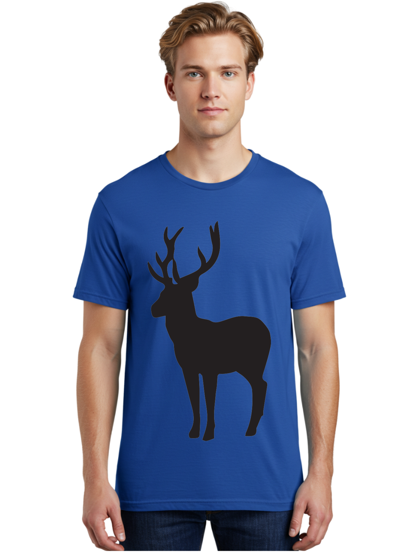 Deer-Silhouette-2 Men'S Graphic Tee, 100% Cotton, Comfortable Casual Summer Wear, Machine Washable, Deer Silhouette, Stag Illustration, Antlered Animal, Wildlife Graphic, Majestic Deer, Forest Creature, Simple Design, Minimalist Art, Aac643
