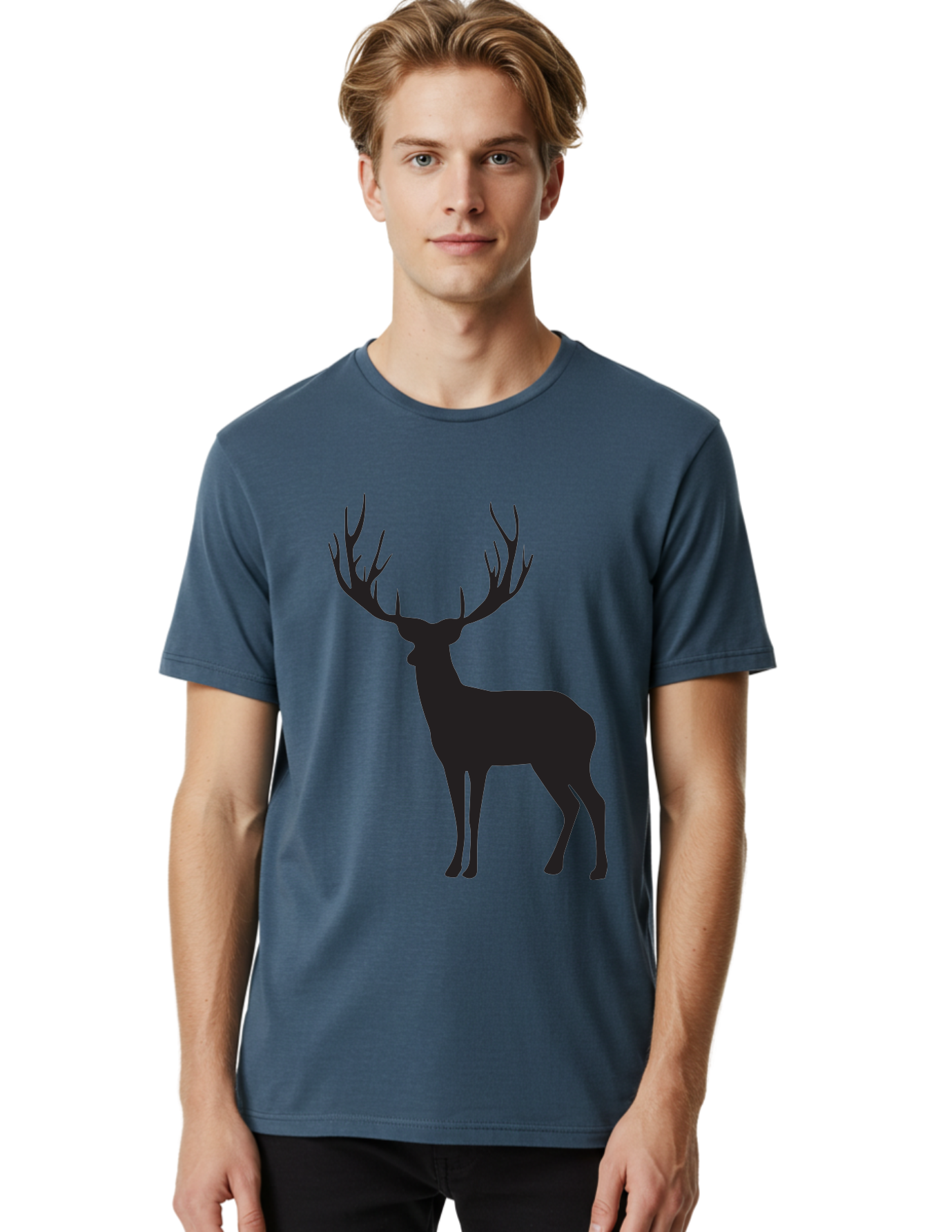 Deer-Silhouette-3 Men'S Graphic Tee, 100% Cotton, Comfortable Casual Summer Wear, Machine Washable, Deer Silhouette, Majestic Stag, Wildlife Illustration, Black Silhouette, Antlers, Wild Animal, Forest Creature, Nature Graphic Aac644