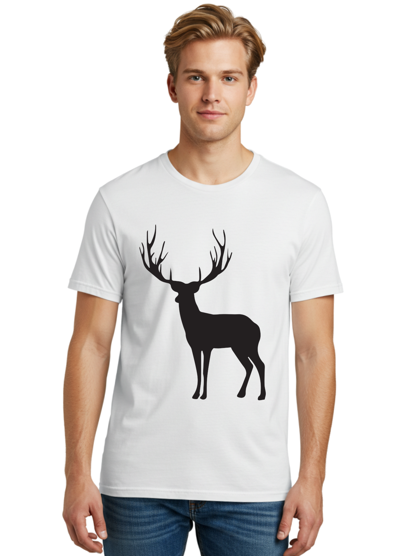 Deer-Silhouette-3 Men'S Graphic Tee, 100% Cotton, Comfortable Casual Summer Wear, Machine Washable, Deer Silhouette, Majestic Stag, Wildlife Illustration, Black Silhouette, Antlers, Wild Animal, Forest Creature, Nature Graphic Aac644