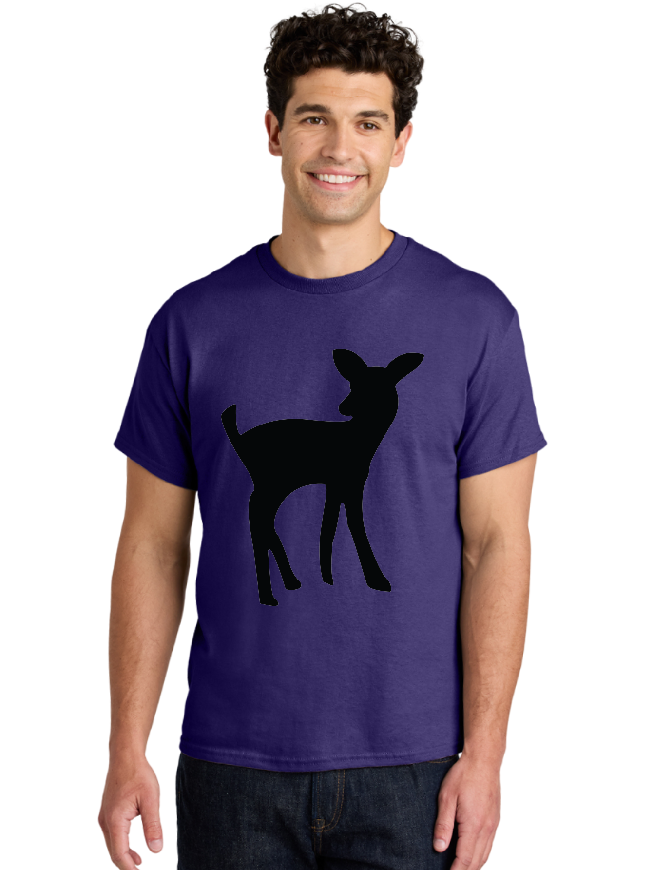 Deer-Silhouette Men'S Graphic Tee, 100% Cotton, Comfortable Casual Summer Wear, Machine Washable, Deer Silhouette, Wildlife Art, Minimalist Design, Black Silhouette, Simple Shapes, Animal Graphics, Nature-Inspired, Forest Creatures Aac645