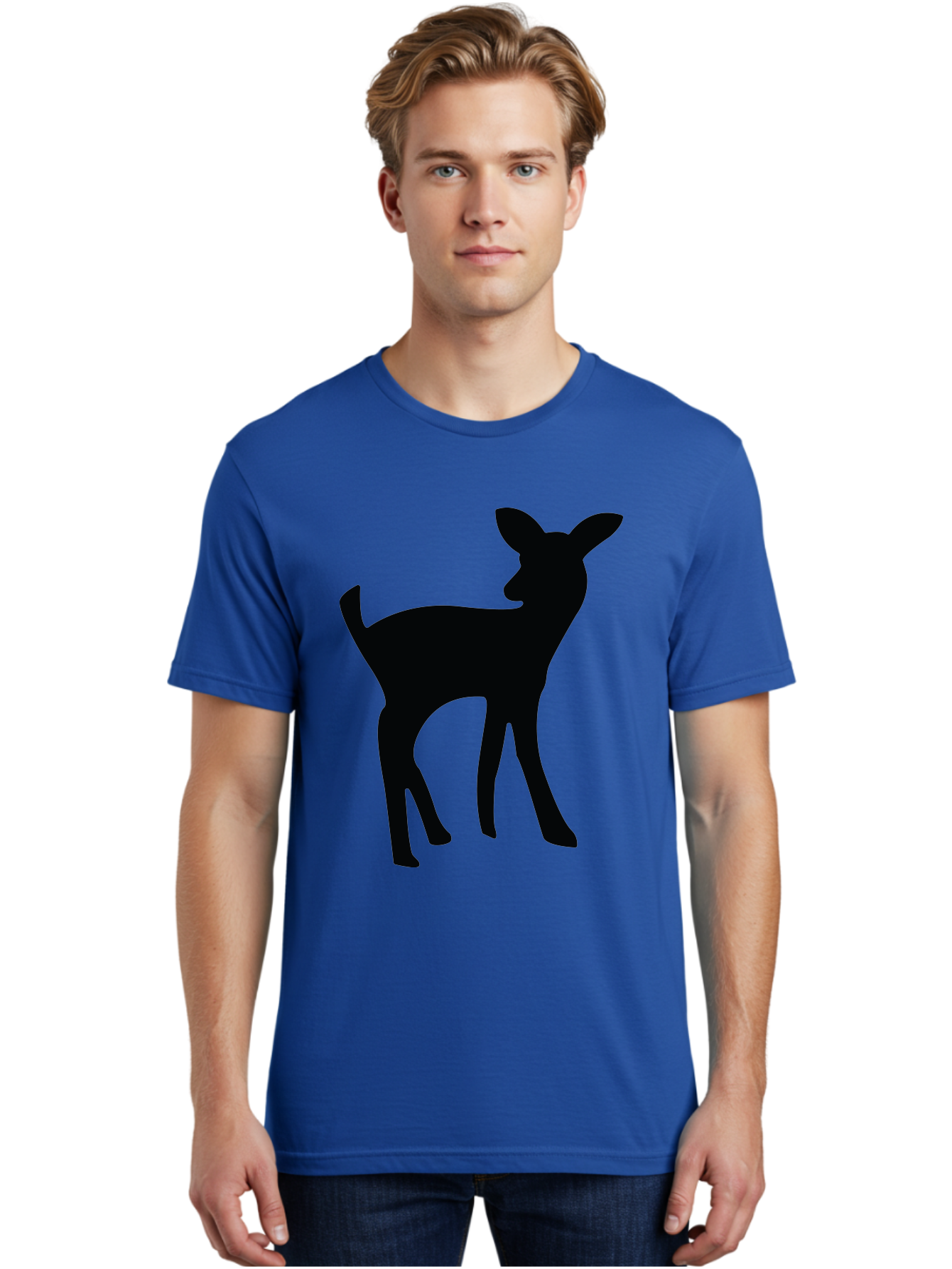 Deer-Silhouette Men'S Graphic Tee, 100% Cotton, Comfortable Casual Summer Wear, Machine Washable, Deer Silhouette, Wildlife Art, Minimalist Design, Black Silhouette, Simple Shapes, Animal Graphics, Nature-Inspired, Forest Creatures Aac645