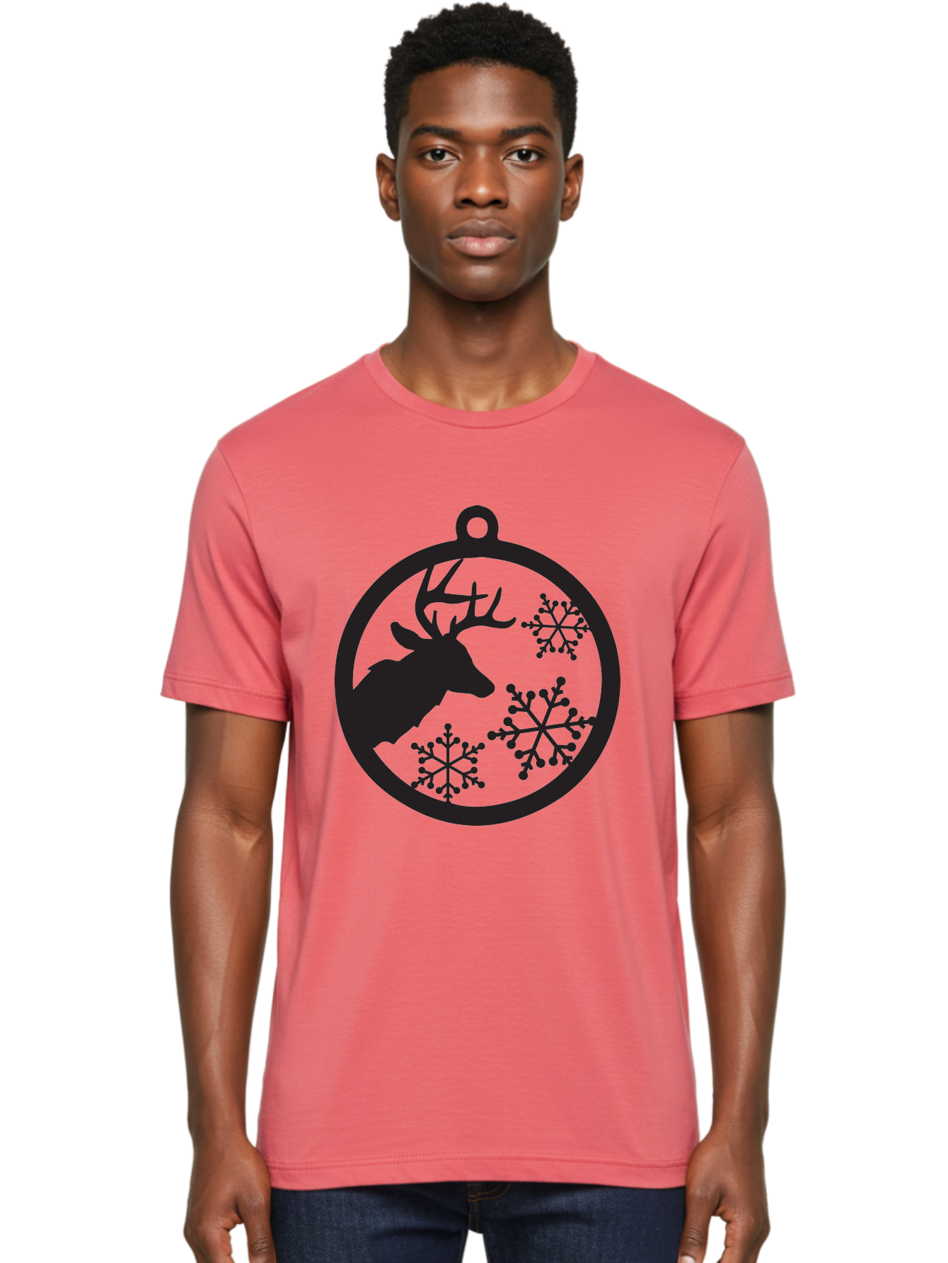 Deer-Snowflakes-Ornament Men'S Graphic Tee, 100% Cotton, Comfortable Casual Summer Wear, Machine Washable, Deer Silhouette, Snowflakes, Christmas Ornament, Winter Decoration, Festive Design, Holiday Decor, Wildlife Theme, Aac646