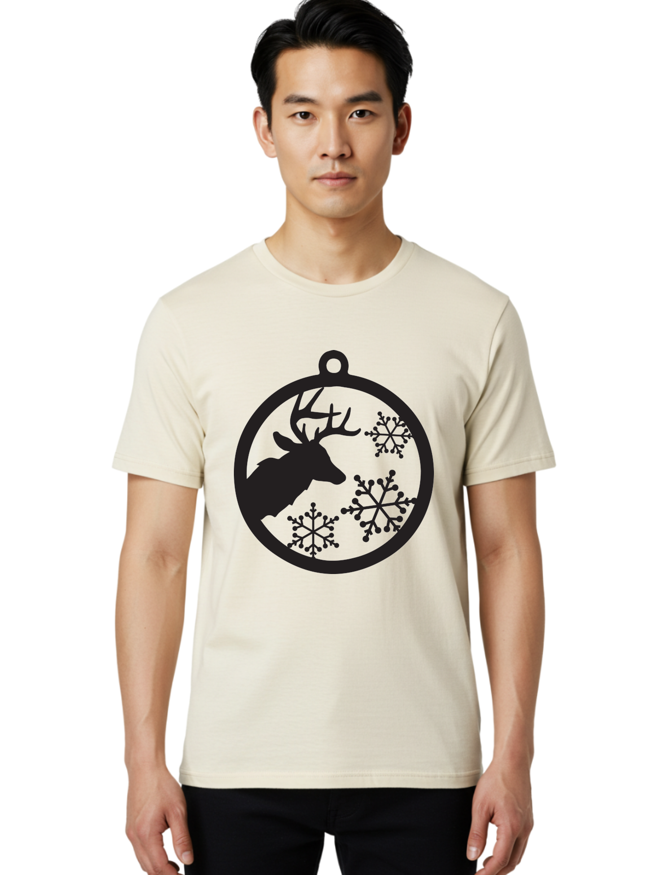 Deer-Snowflakes-Ornament Men'S Graphic Tee, 100% Cotton, Comfortable Casual Summer Wear, Machine Washable, Deer Silhouette, Snowflakes, Christmas Ornament, Winter Decoration, Festive Design, Holiday Decor, Wildlife Theme, Aac646