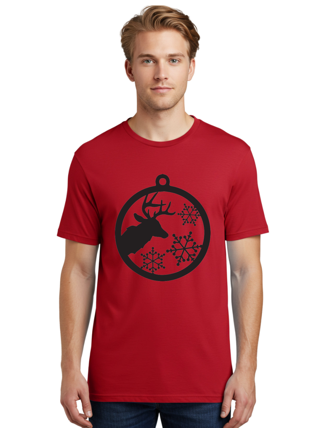 Deer-Snowflakes-Ornament Men'S Graphic Tee, 100% Cotton, Comfortable Casual Summer Wear, Machine Washable, Deer Silhouette, Snowflakes, Christmas Ornament, Winter Decoration, Festive Design, Holiday Decor, Wildlife Theme, Aac646