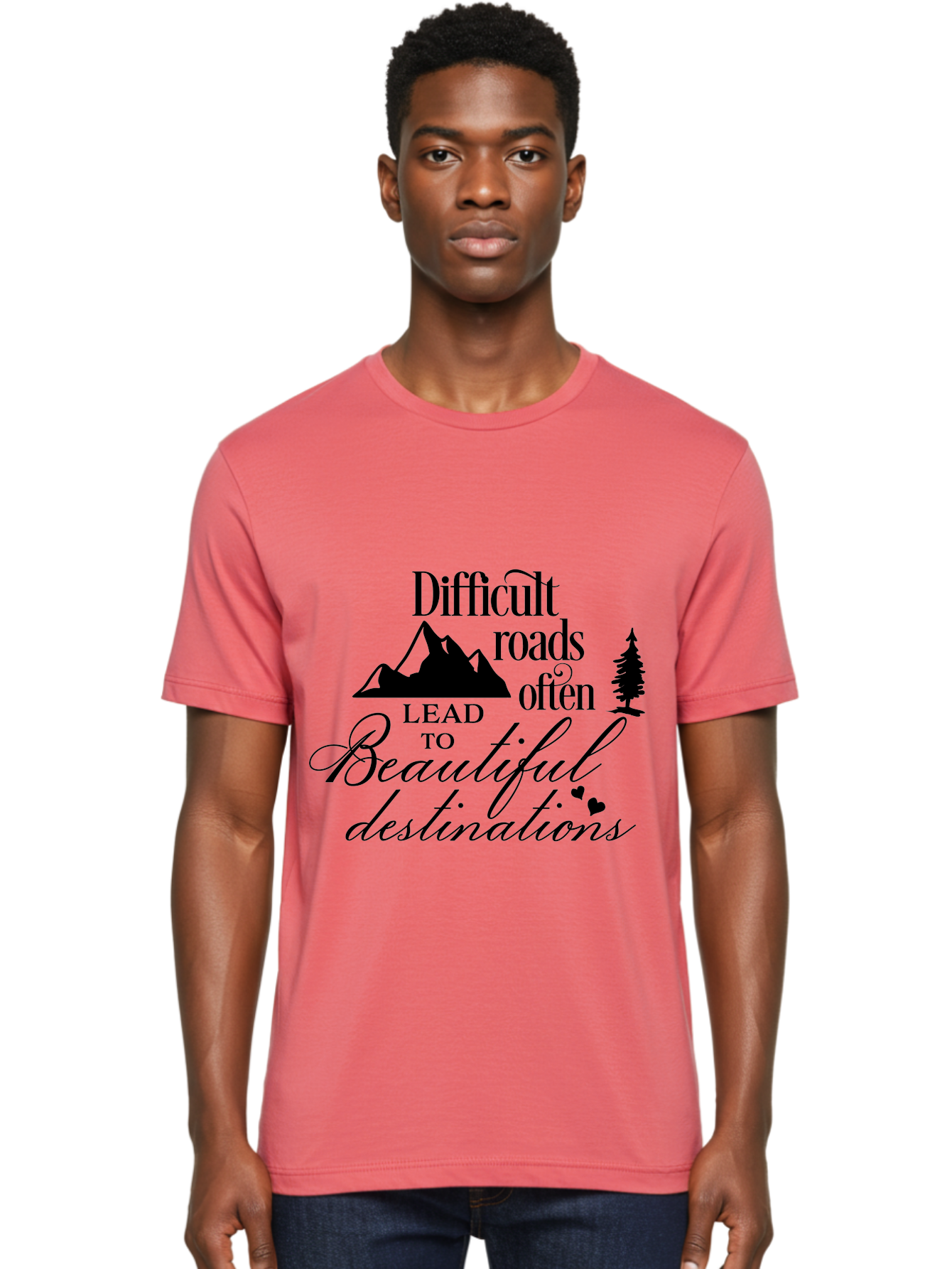 Difficult-Roads-Lead-To-Beautiful-Destinations Men'S Graphic Tee, 100% Cotton, Comfortable Casual Summer Wear, Machine Washable, Inspirational Quote, Motivational Phrase, Travel Inspiration, Mountain Landscape, Wanderlust, Adventure, Aac648