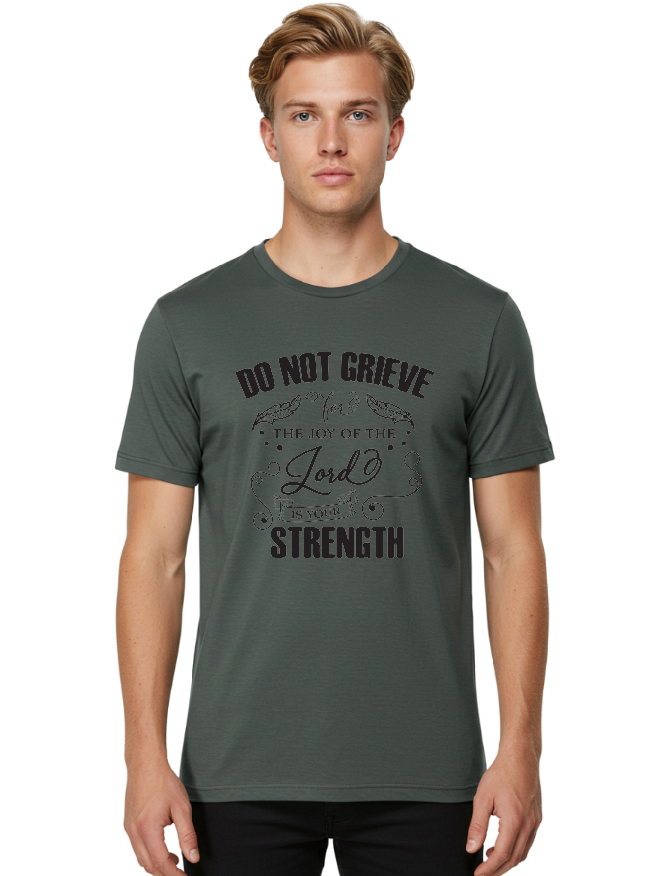 Do-Not-Grieve Men'S Graphic Tee, 100% Cotton, Comfortable Casual Summer Wear, Machine Washable, Inspirational Quote, Motivational Words, Faith-Based Message, Spiritual Guidance, Positive Affirmation, Scripture-Based, Bible Verse, Lord'S Joy, Aac649