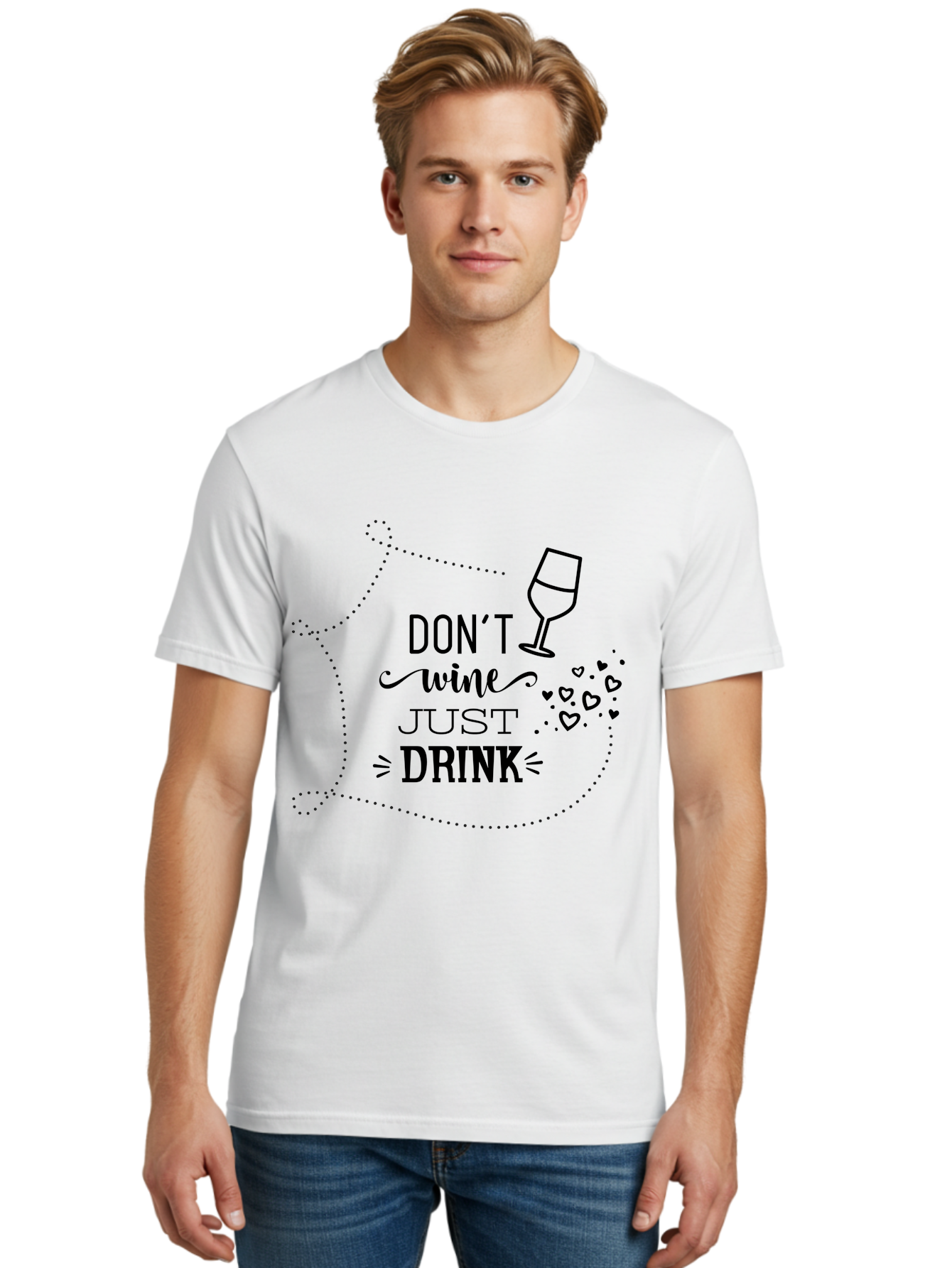 Don-T-Wine-Just-Drink Men'S Graphic Tee, 100% Cotton, Comfortable Casual Summer Wear, Machine Washable, Wine Pun, Funny Quote, Wine Lover, Wine Glass, Hearts, Playful Design, Typography Art, Wine Drinking Aac659