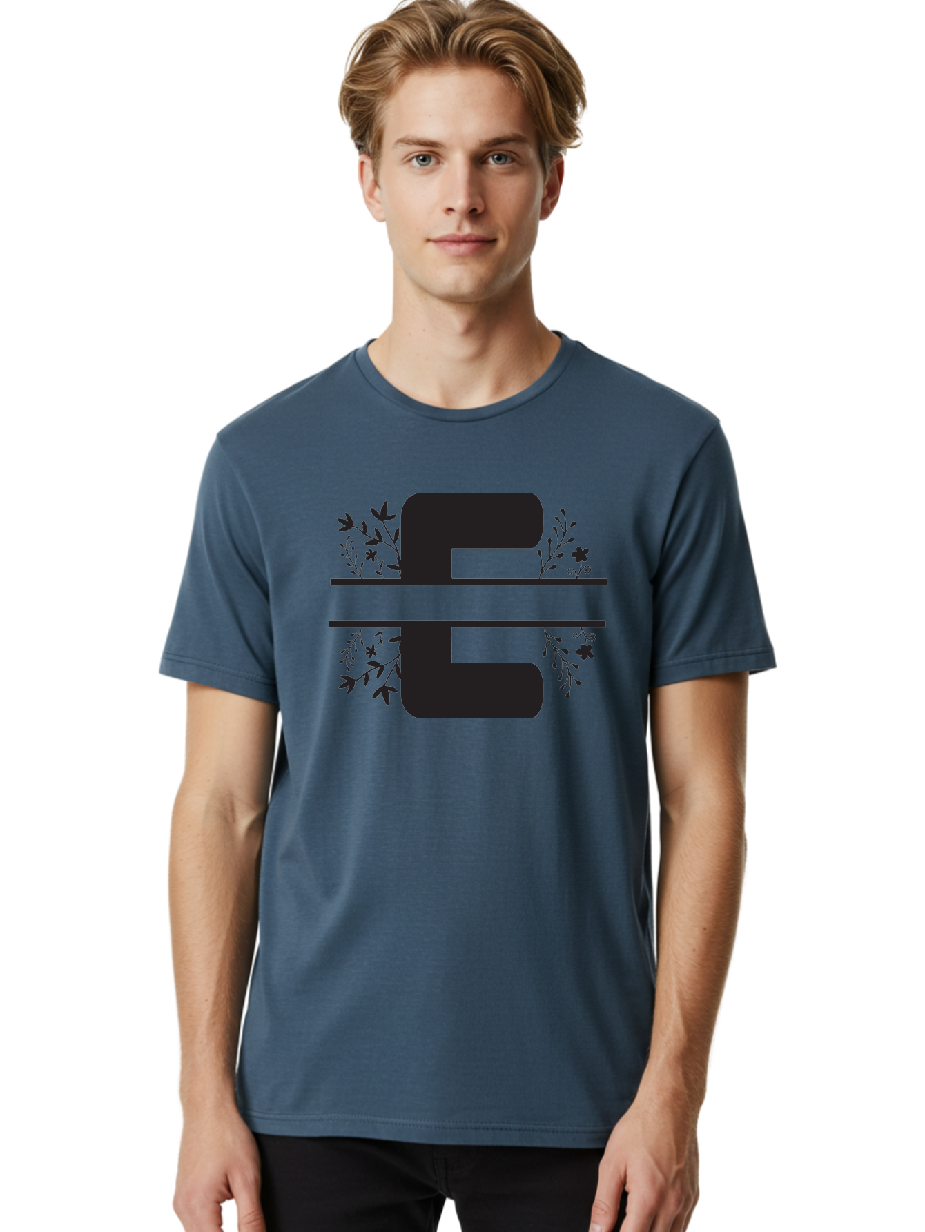 E-1 Men'S Graphic Tee, 100% Cotton, Comfortable Casual Summer Wear, Machine Washable, Floral Designs, Leafy Patterns, Bold Typography, Decorative Elements, Black Silhouettes, Elegant Lettering, Floral Motifs Aac664