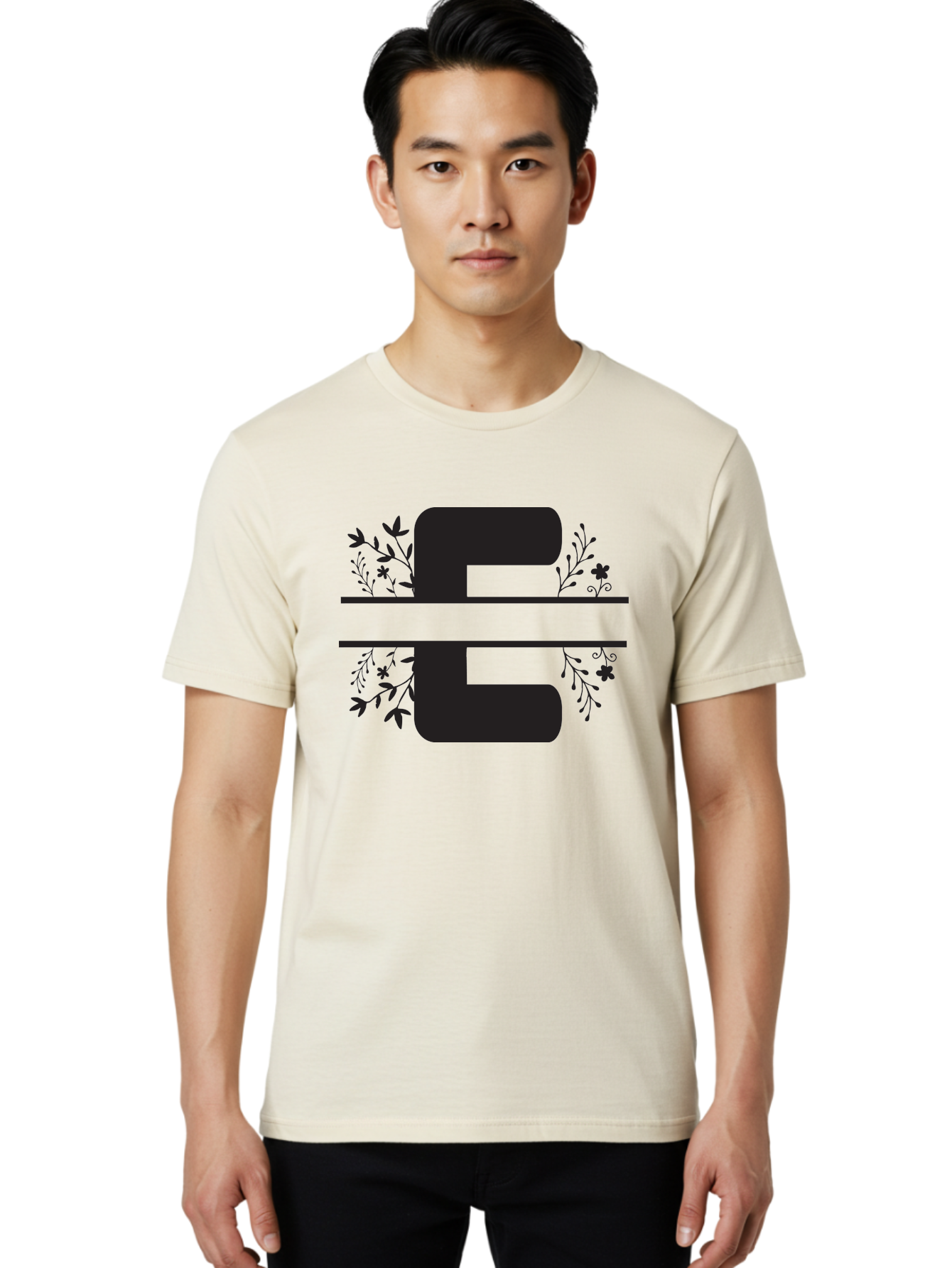 E-1 Men'S Graphic Tee, 100% Cotton, Comfortable Casual Summer Wear, Machine Washable, Floral Designs, Leafy Patterns, Bold Typography, Decorative Elements, Black Silhouettes, Elegant Lettering, Floral Motifs Aac664