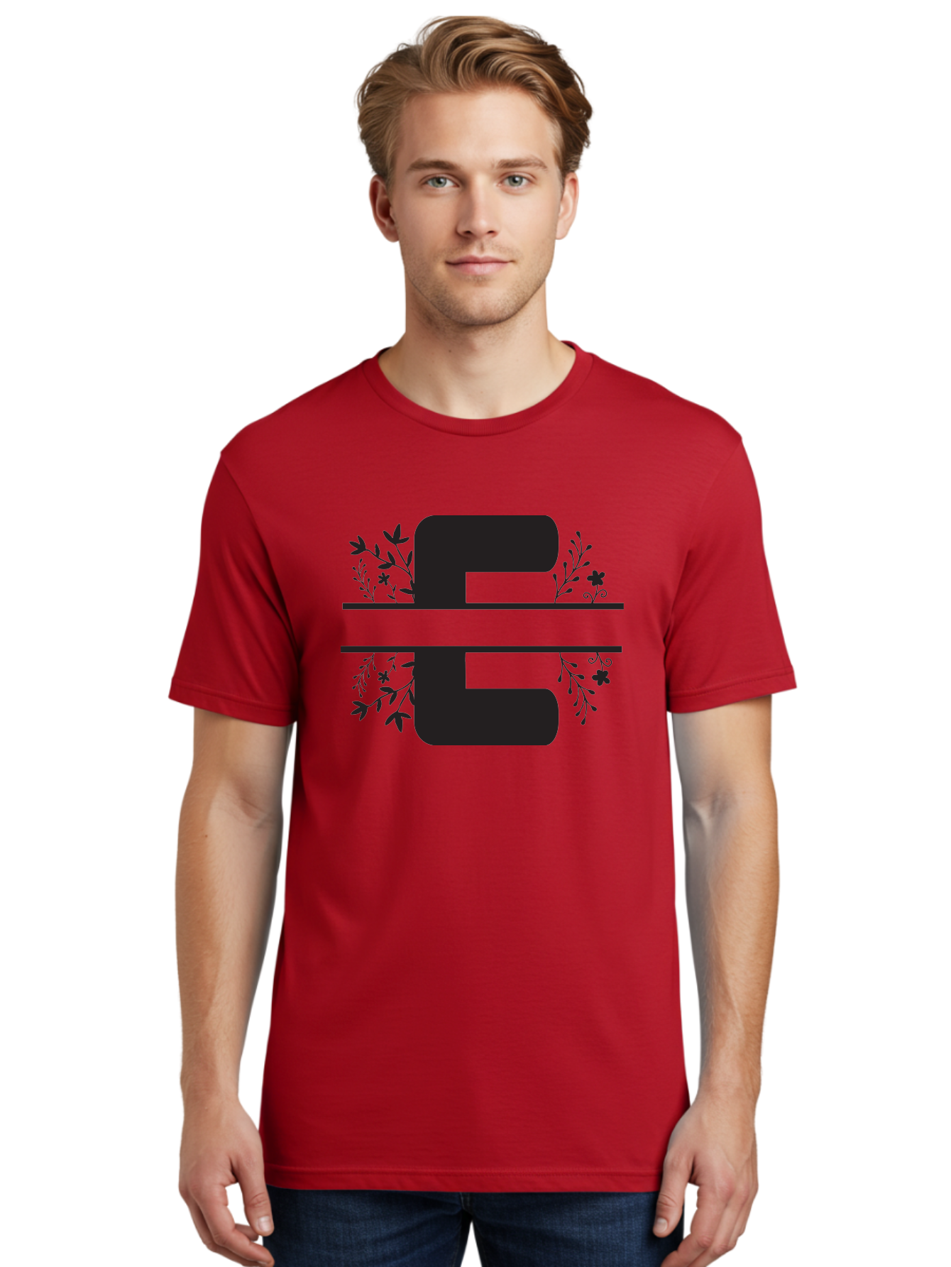 E-1 Men'S Graphic Tee, 100% Cotton, Comfortable Casual Summer Wear, Machine Washable, Floral Designs, Leafy Patterns, Bold Typography, Decorative Elements, Black Silhouettes, Elegant Lettering, Floral Motifs Aac664