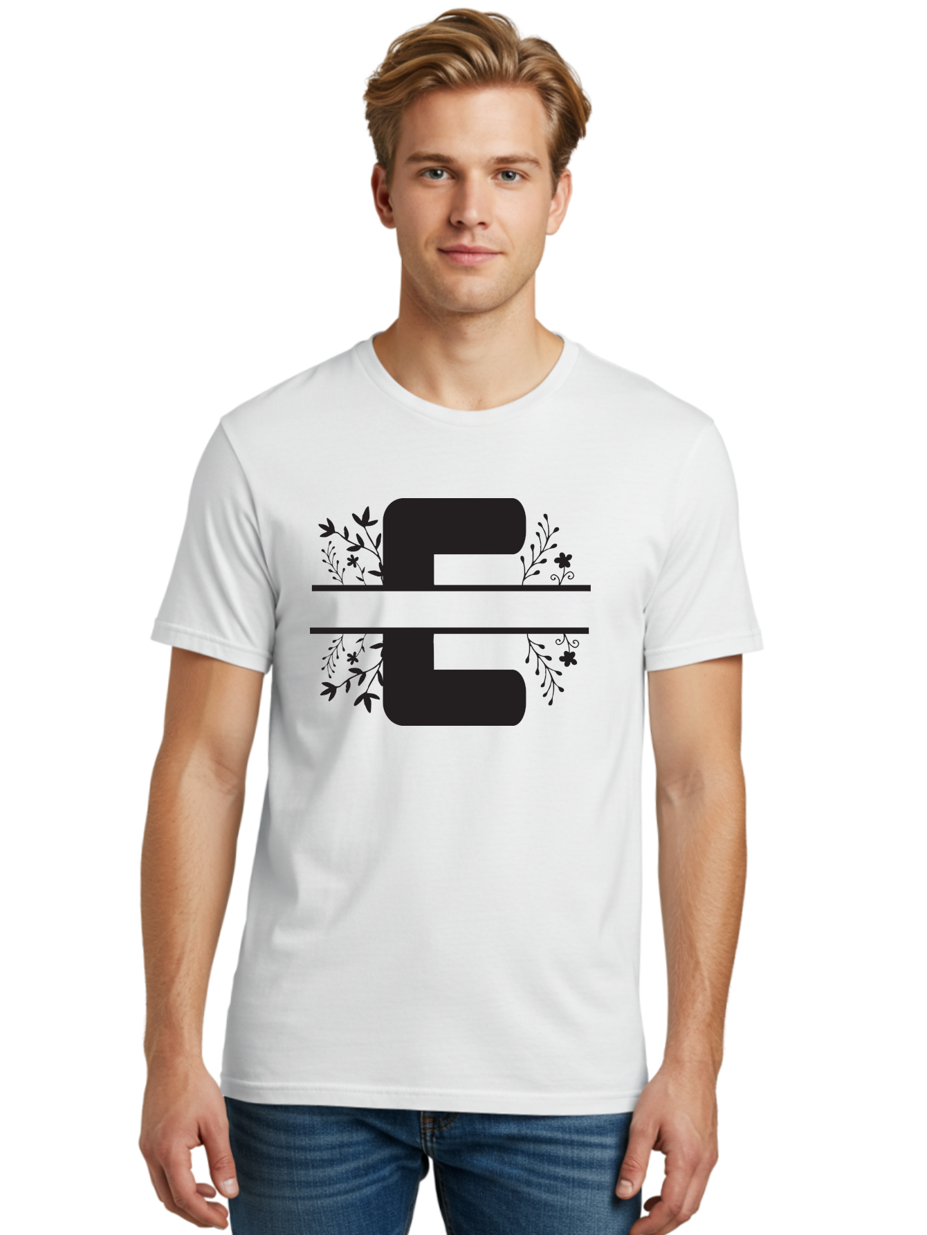 E-1 Men'S Graphic Tee, 100% Cotton, Comfortable Casual Summer Wear, Machine Washable, Floral Designs, Leafy Patterns, Bold Typography, Decorative Elements, Black Silhouettes, Elegant Lettering, Floral Motifs Aac664