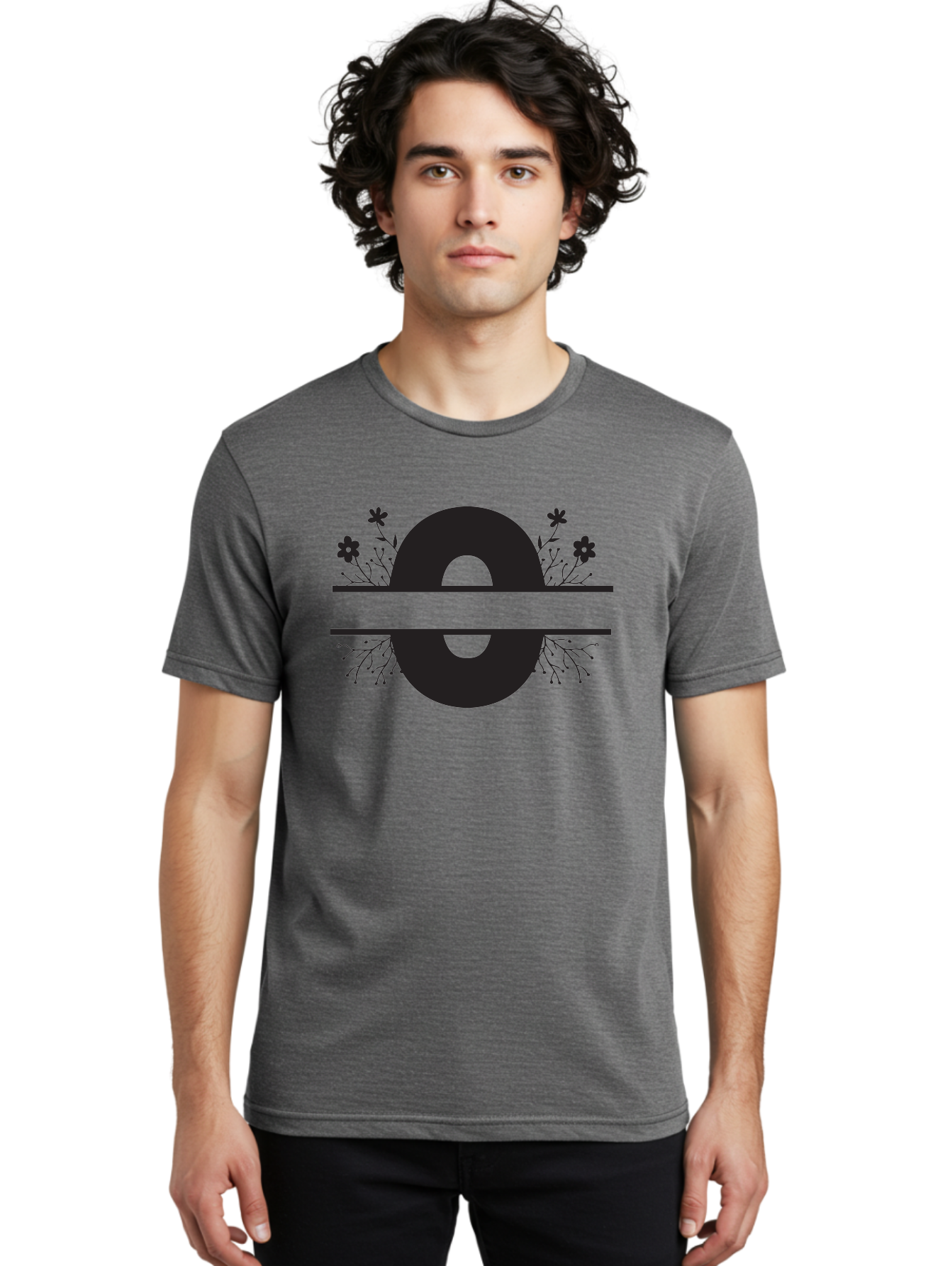 E-2 Men'S Graphic Tee, 100% Cotton, Comfortable Casual Summer Wear, Machine Washable, Black Letter E, Floral Design, Abstract Art, Minimalist Style, Bold Typography, Artistic Expression, Elegance, Simplicity, Modern Aesthetic, Unique Design, Aac665