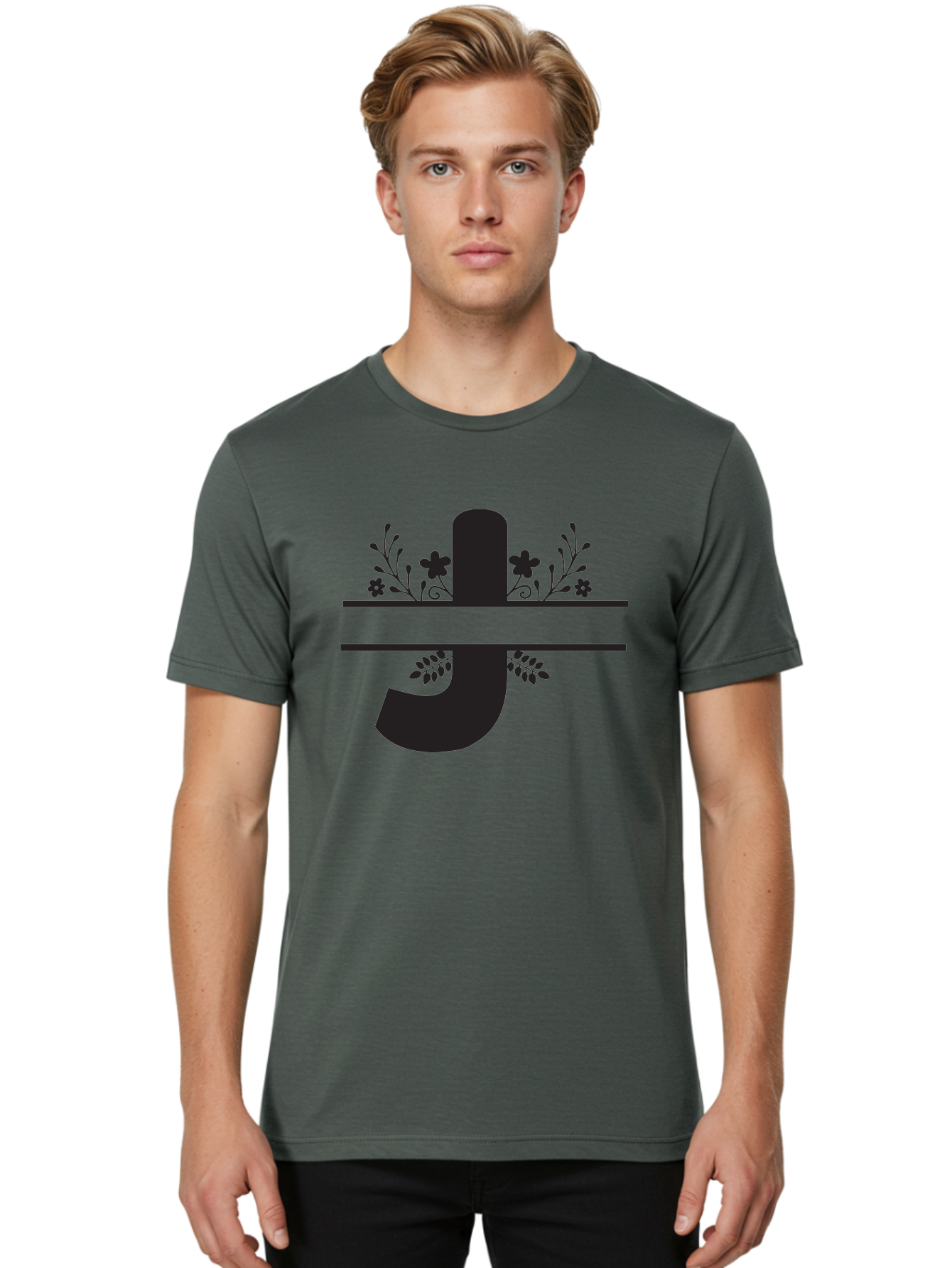 E-Symbol Men'S Graphic Tee, 100% Cotton, Comfortable Casual Summer Wear, Machine Washable, Floral Alphabet, Decorative Letter, Black And Green, Bold Font, Flowers And Leaves, Elegant Design, Stylized Lettering, Unique Typography Aac666