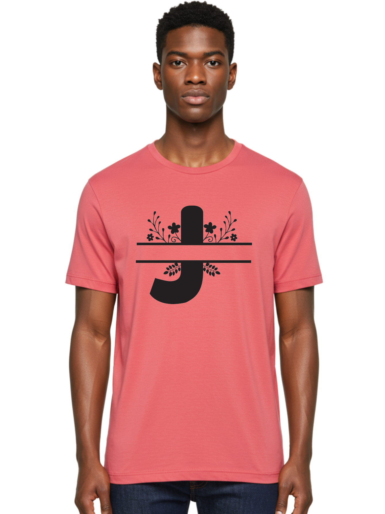E-Symbol Men'S Graphic Tee, 100% Cotton, Comfortable Casual Summer Wear, Machine Washable, Floral Alphabet, Decorative Letter, Black And Green, Bold Font, Flowers And Leaves, Elegant Design, Stylized Lettering, Unique Typography Aac666