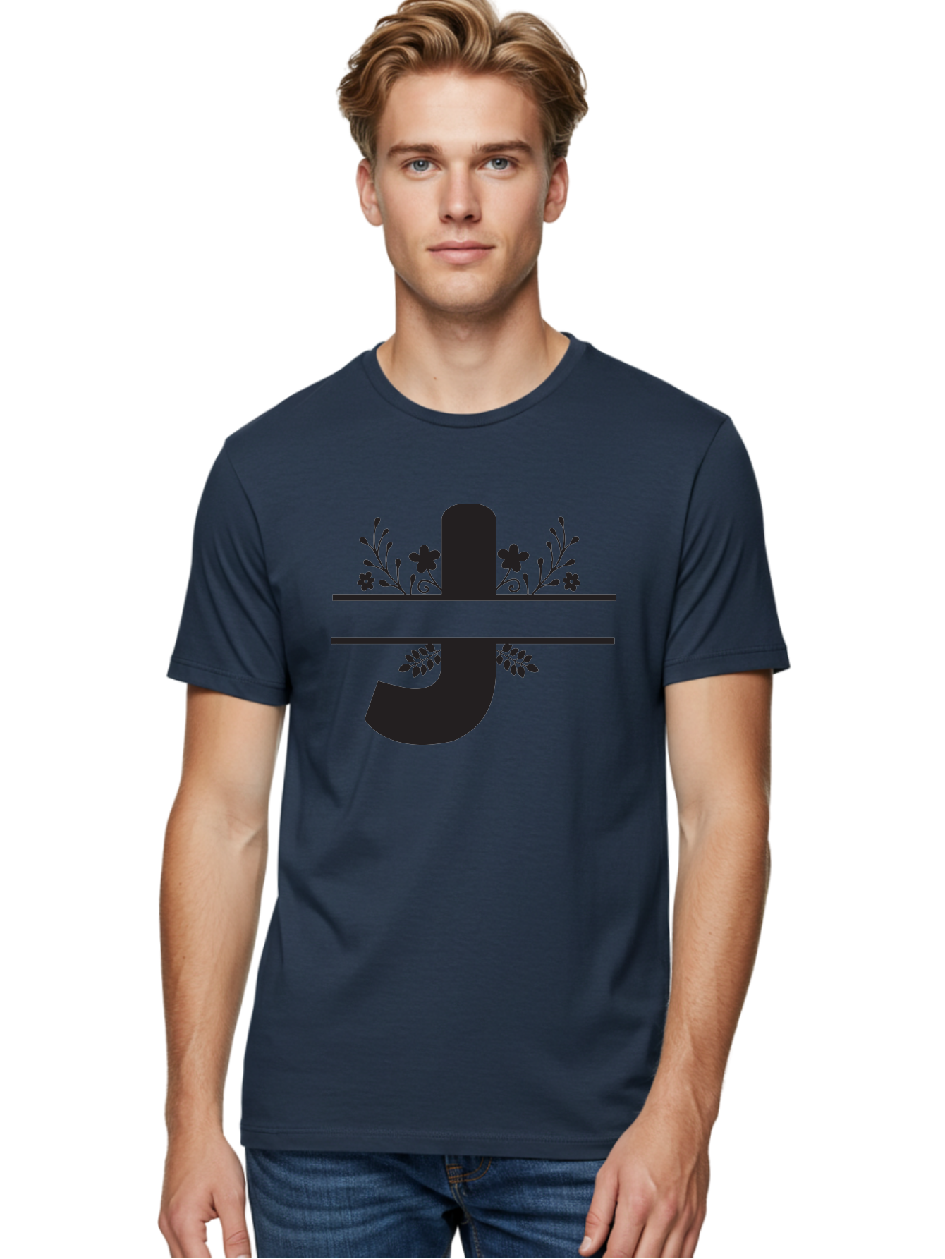E-Symbol Men'S Graphic Tee, 100% Cotton, Comfortable Casual Summer Wear, Machine Washable, Floral Alphabet, Decorative Letter, Black And Green, Bold Font, Flowers And Leaves, Elegant Design, Stylized Lettering, Unique Typography Aac666