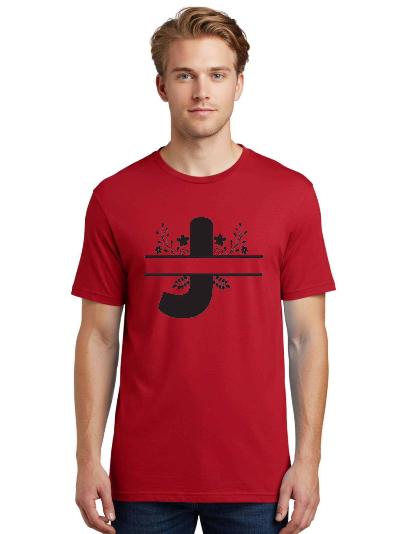 E-Symbol Men'S Graphic Tee, 100% Cotton, Comfortable Casual Summer Wear, Machine Washable, Floral Alphabet, Decorative Letter, Black And Green, Bold Font, Flowers And Leaves, Elegant Design, Stylized Lettering, Unique Typography Aac666