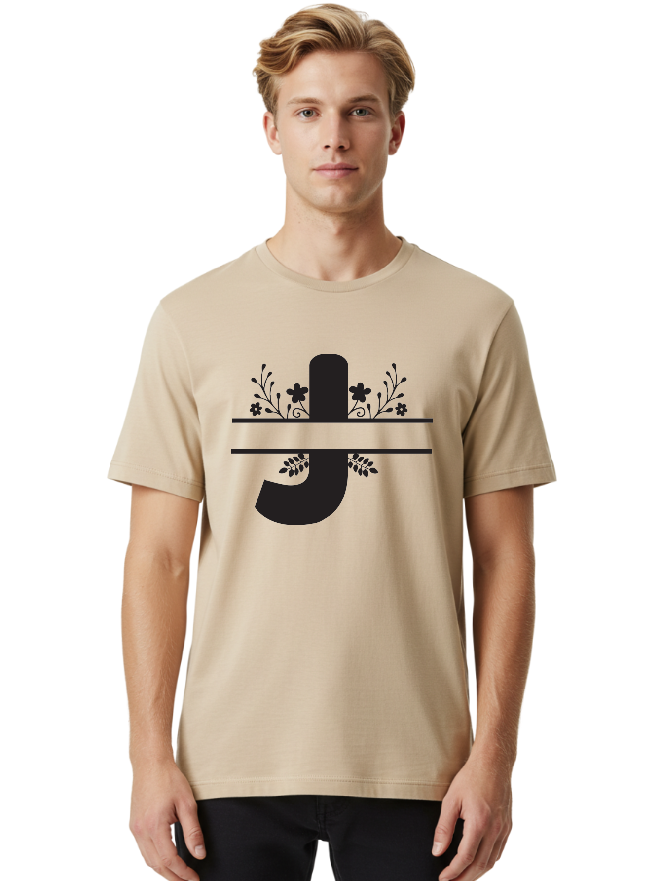 E-Symbol Men'S Graphic Tee, 100% Cotton, Comfortable Casual Summer Wear, Machine Washable, Floral Alphabet, Decorative Letter, Black And Green, Bold Font, Flowers And Leaves, Elegant Design, Stylized Lettering, Unique Typography Aac666