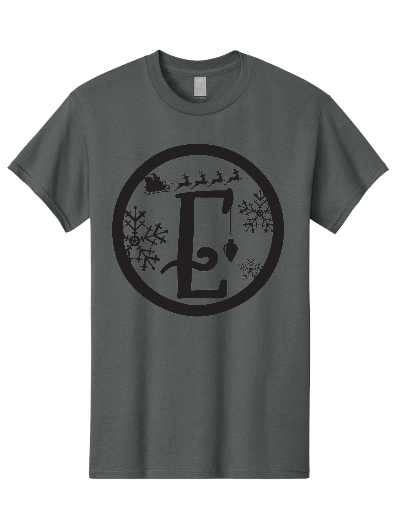 E Men'S Graphic Tee, 100% Cotton, Comfortable Casual Summer Wear, Machine Washable, Christmas Monogram, Festive Alphabet, Santa'S Sleigh, Reindeer In Flight, Snowflakes, Hanging Ornament, Holiday Decor, Winter Wonderland, Festive Design, Aac667