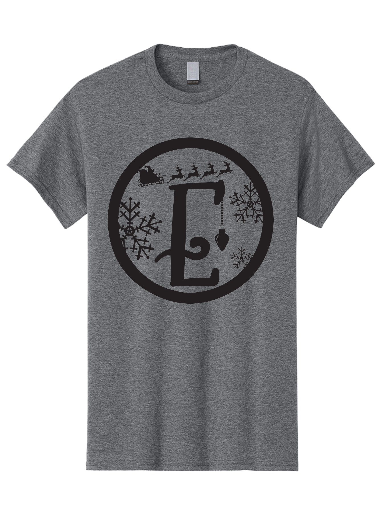E Men'S Graphic Tee, 100% Cotton, Comfortable Casual Summer Wear, Machine Washable, Christmas Monogram, Festive Alphabet, Santa'S Sleigh, Reindeer In Flight, Snowflakes, Hanging Ornament, Holiday Decor, Winter Wonderland, Festive Design, Aac667