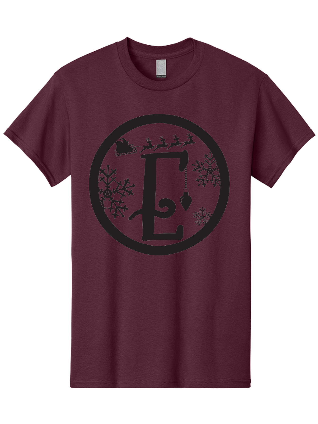 E Men'S Graphic Tee, 100% Cotton, Comfortable Casual Summer Wear, Machine Washable, Christmas Monogram, Festive Alphabet, Santa'S Sleigh, Reindeer In Flight, Snowflakes, Hanging Ornament, Holiday Decor, Winter Wonderland, Festive Design, Aac667