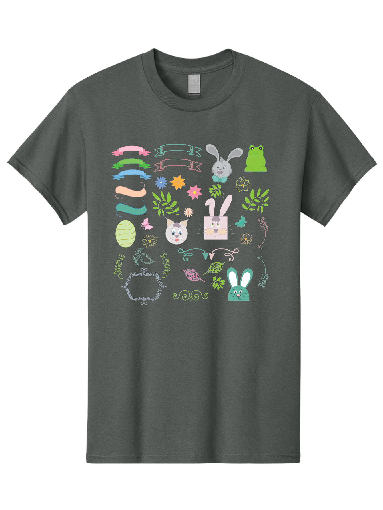 Easter-Clipart Men'S Graphic Tee, 100% Cotton, Comfortable Casual Summer Wear, Machine Washable, Bunny, Easter Eggs, Cat Face, Frog, Flowers, Butterflies, Leaves, Gift Box, Spring Decorations, Pastel Colors, Easter Basket Aac670